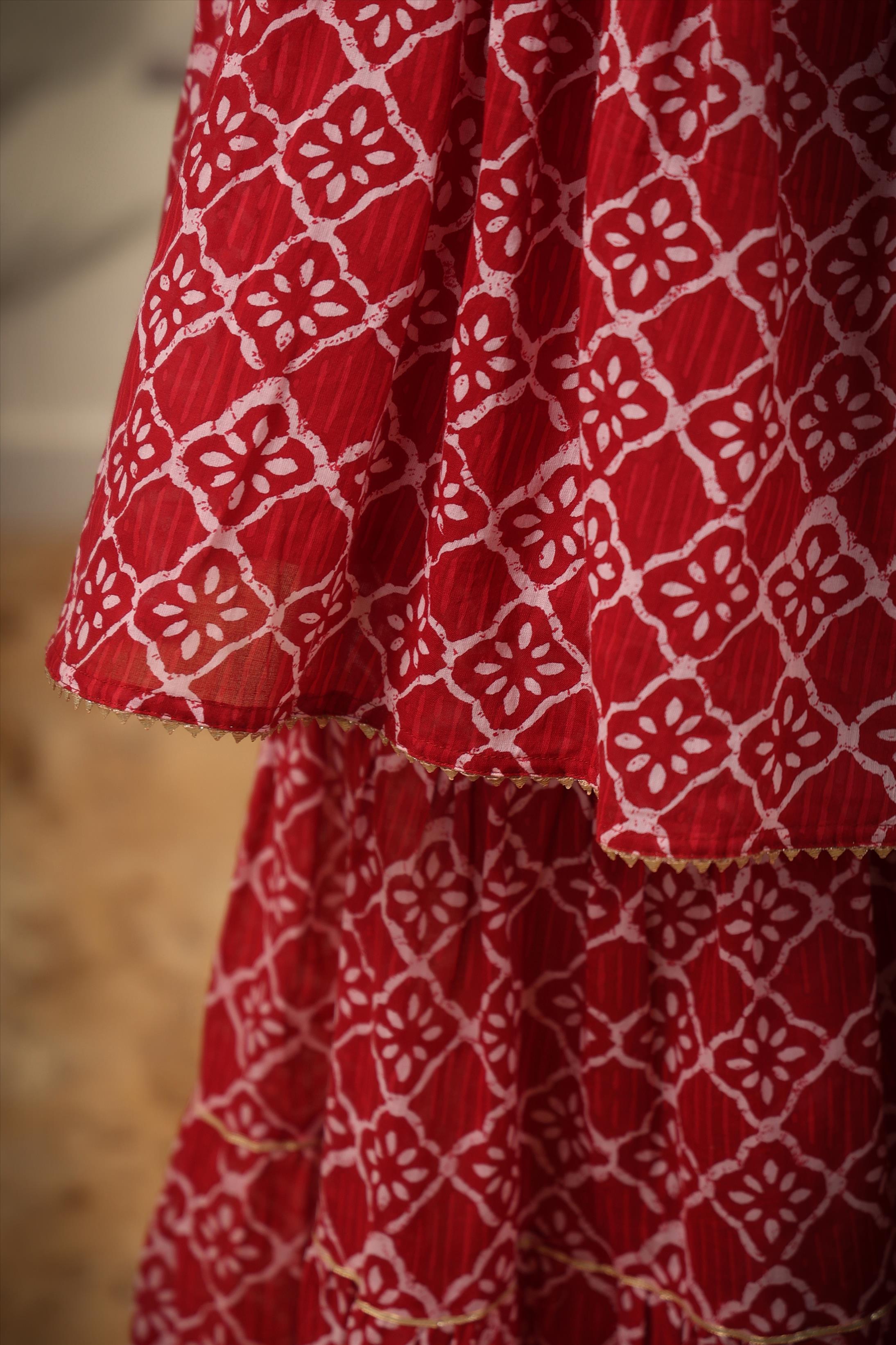 Red Cotton Mulmul Printed Kurti Sharara Dupatta Set With Belt