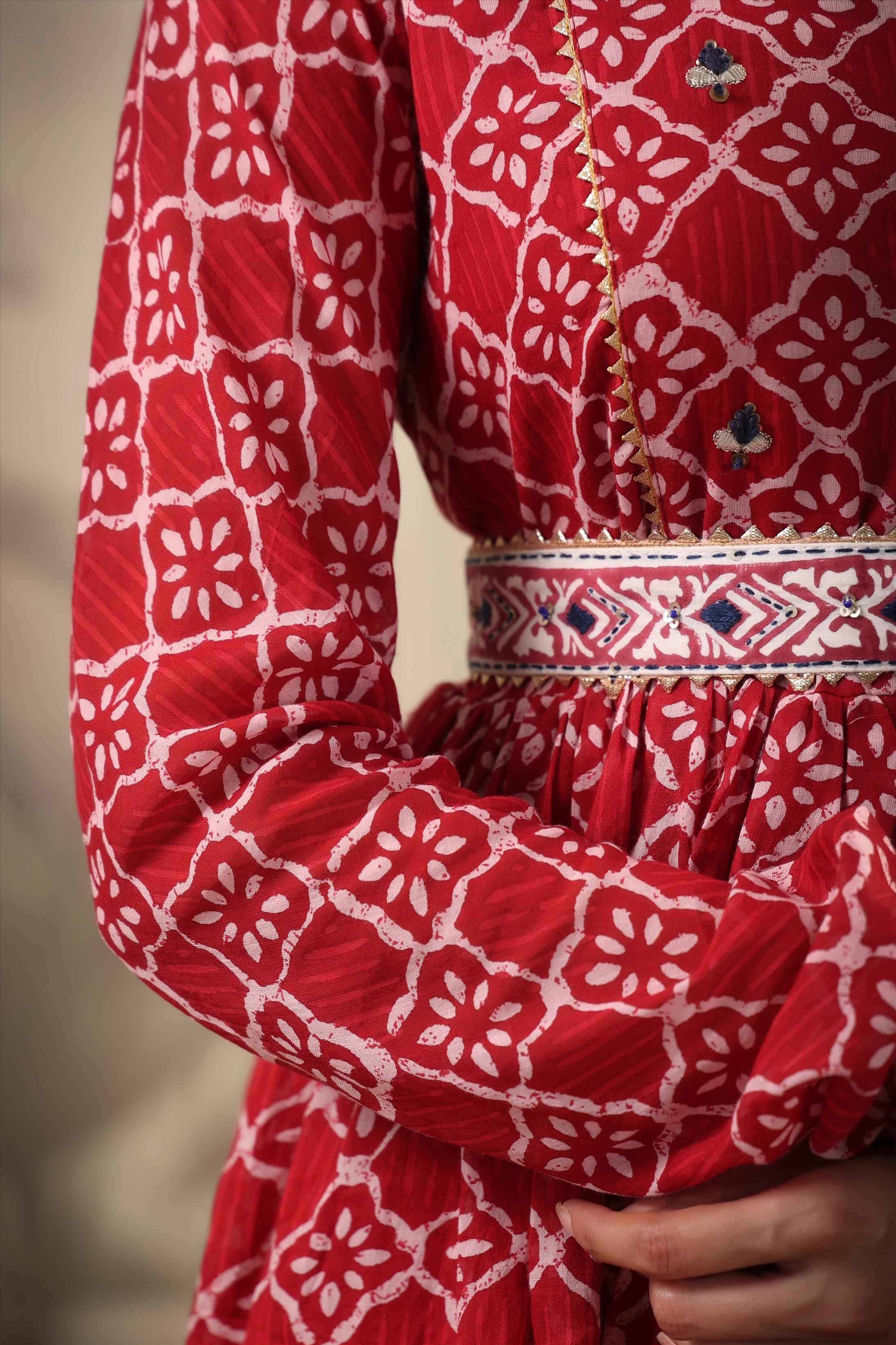 Red Cotton Mulmul Printed Kurti Sharara Dupatta Set With Belt