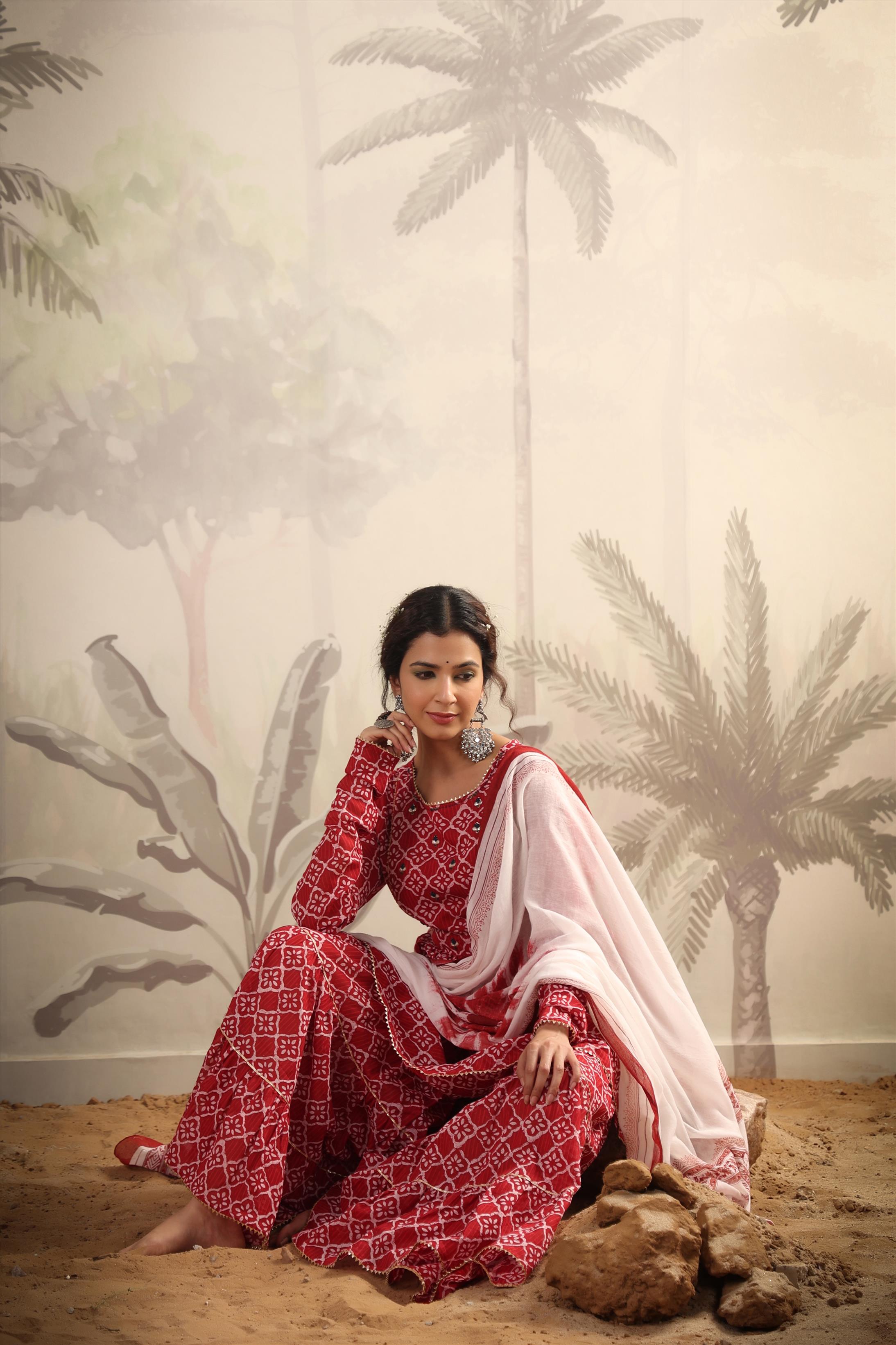 Red Cotton Mulmul Printed Kurti Sharara Dupatta Set With Belt
