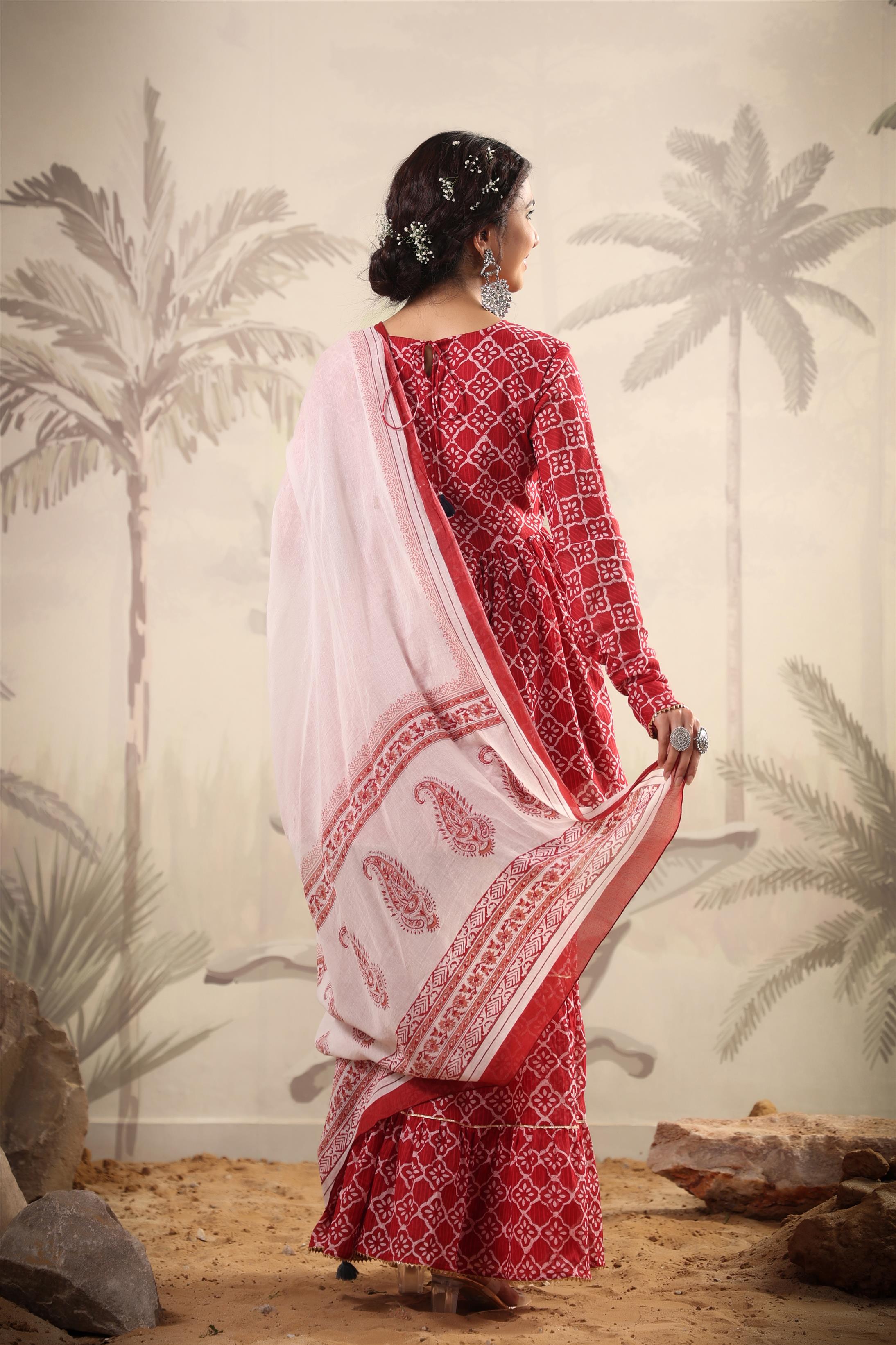 Red Cotton Mulmul Printed Kurti Sharara Dupatta Set With Belt