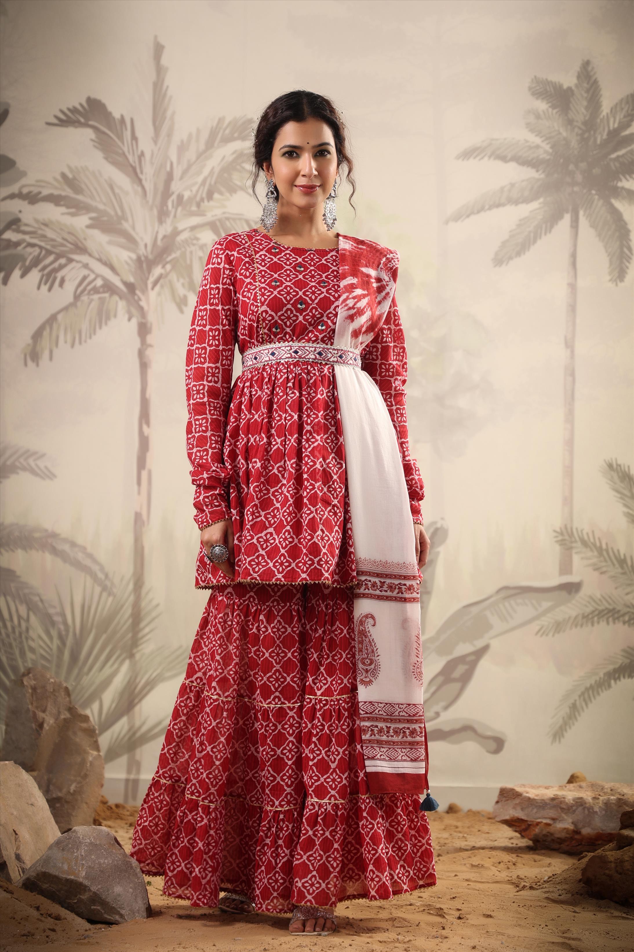 Red Cotton Mulmul Printed Kurti Sharara Dupatta Set With Belt