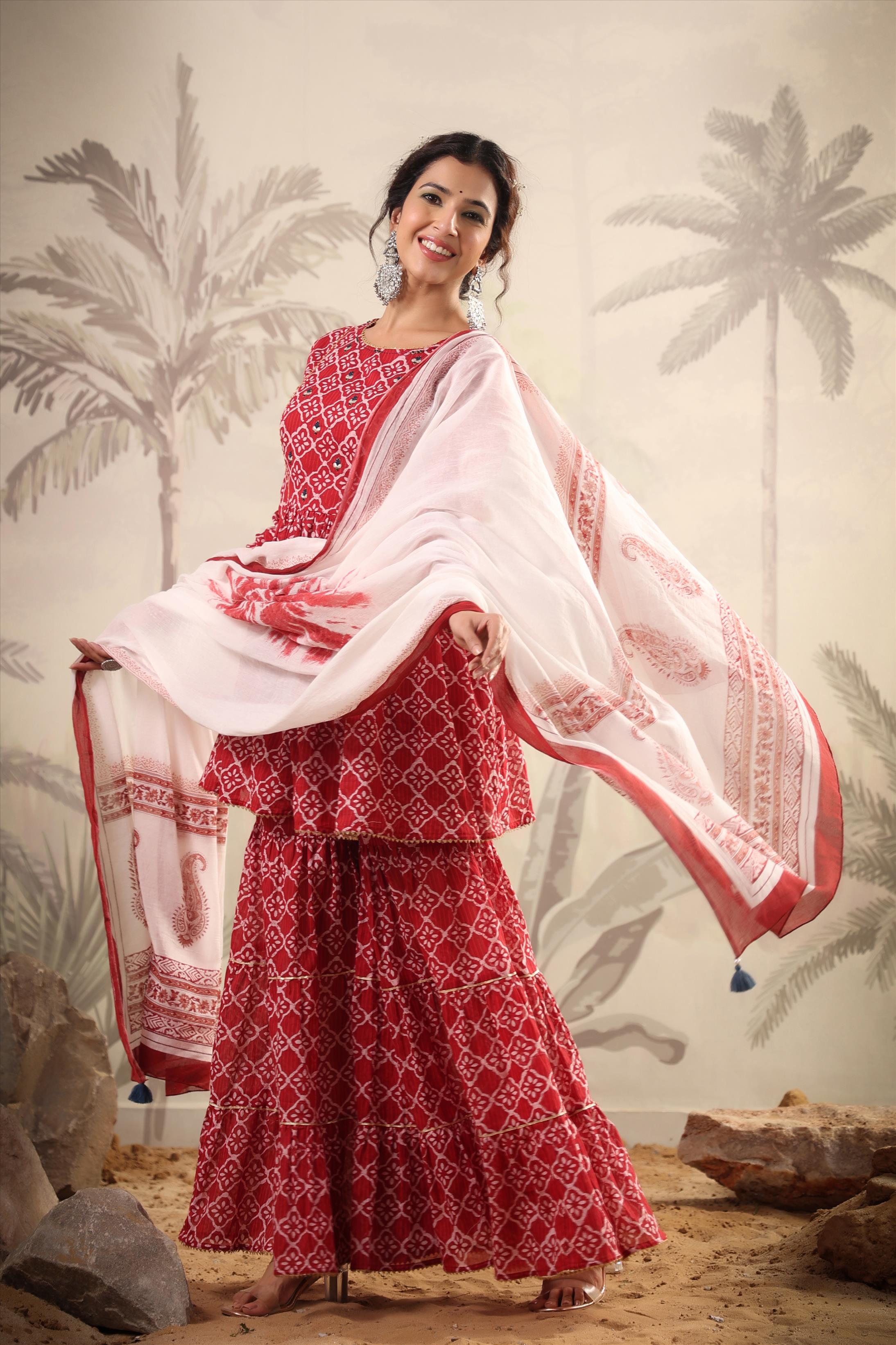 Red Cotton Mulmul Printed Kurti Sharara Dupatta Set With Belt