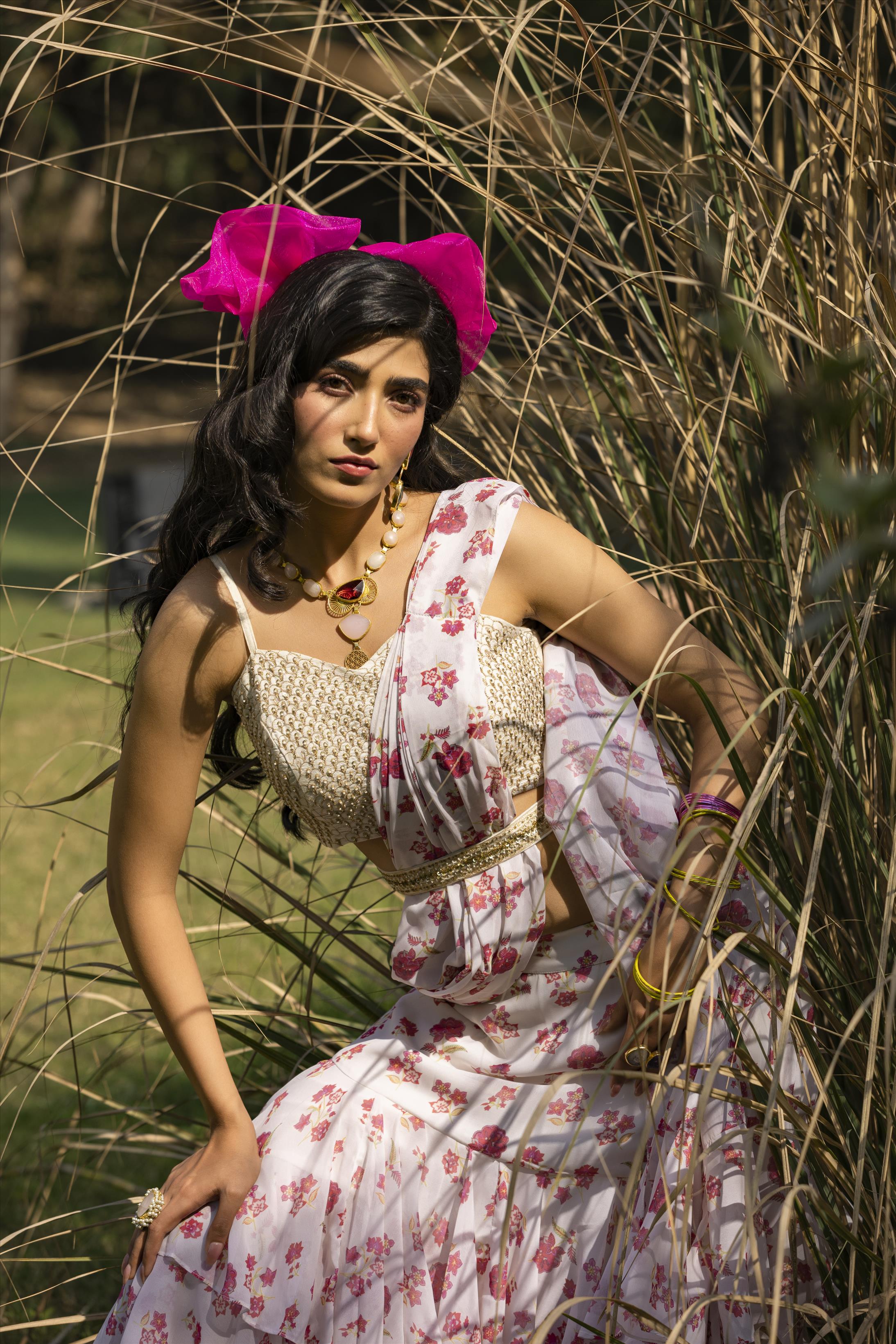 White Cotton Silk Hand Embroidered Blouse With Georgette Floral Print Drape Saree And Cutdana Belt