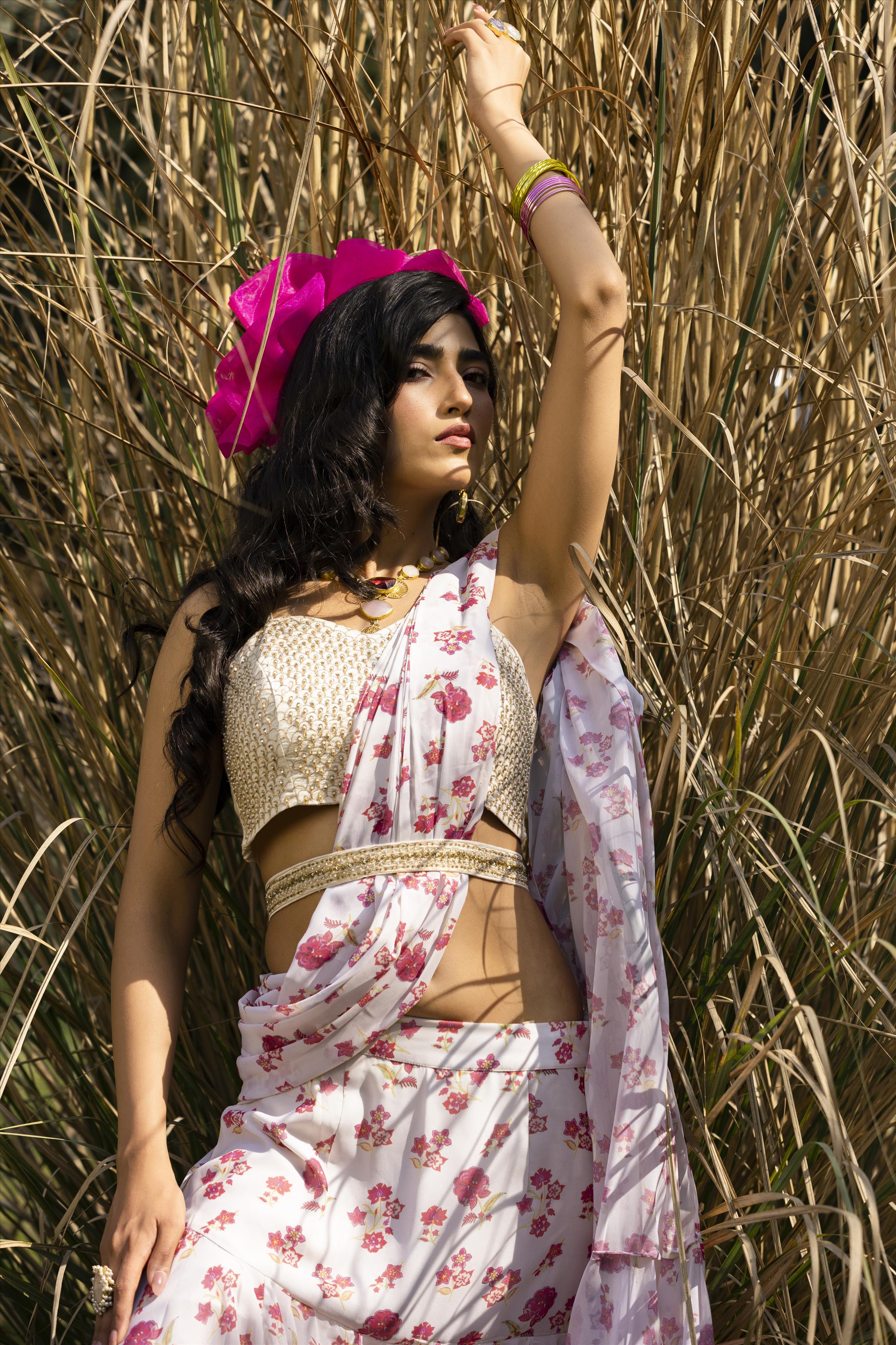 White Cotton Silk Hand Embroidered Blouse With Georgette Floral Print Drape Saree And Cutdana Belt