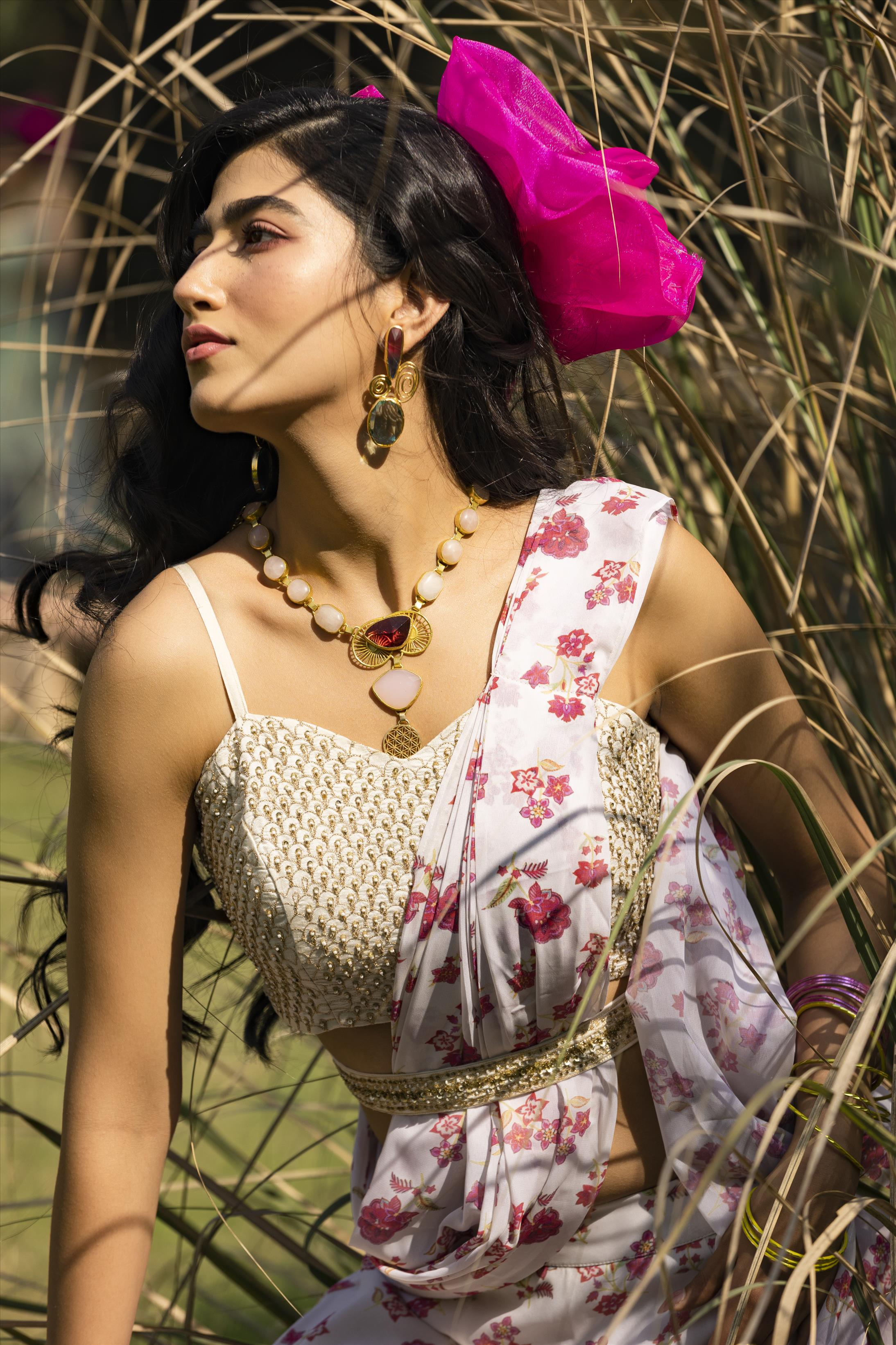 White Cotton Silk Hand Embroidered Blouse With Georgette Floral Print Drape Saree And Cutdana Belt