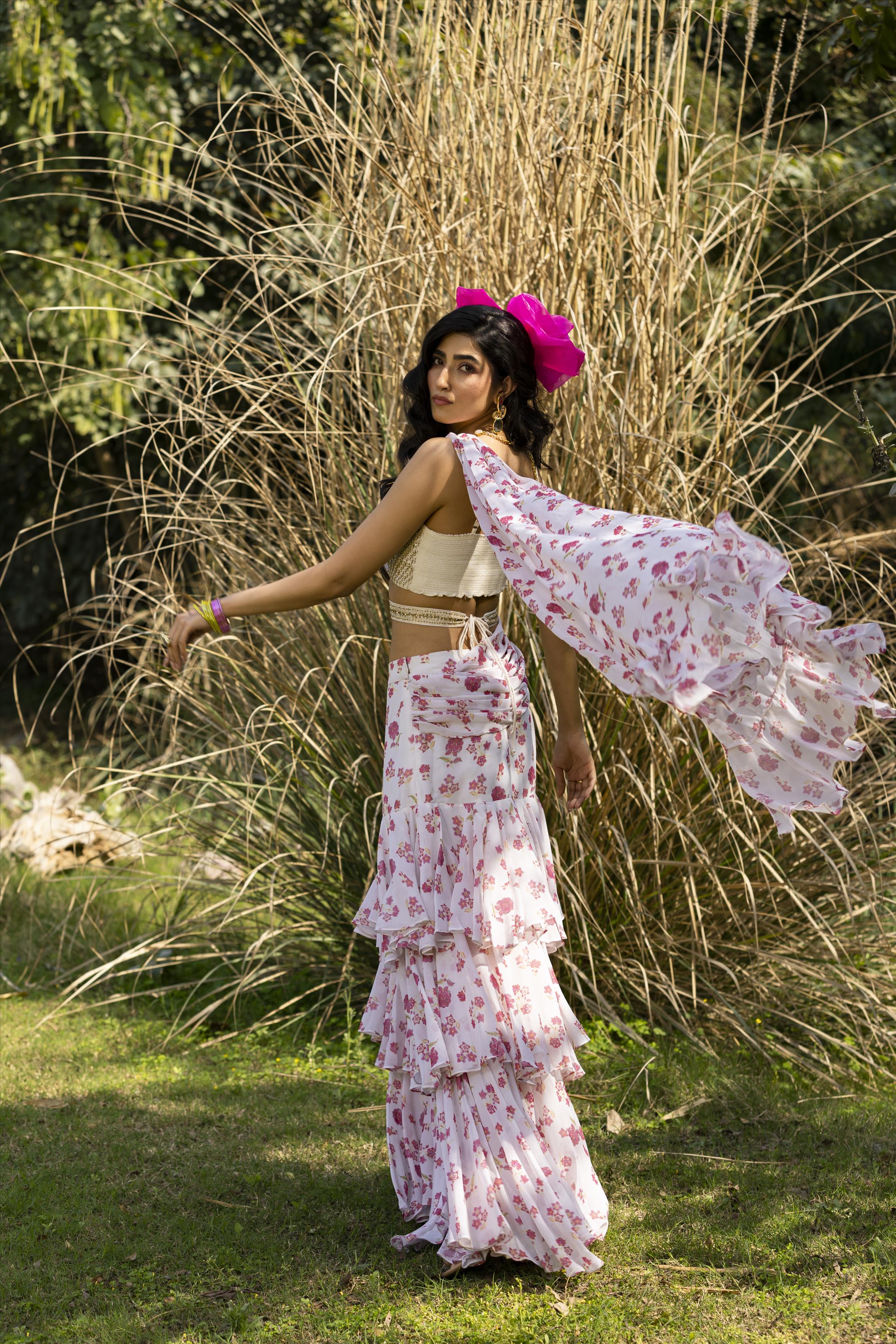 White Cotton Silk Hand Embroidered Blouse With Georgette Floral Print Drape Saree And Cutdana Belt