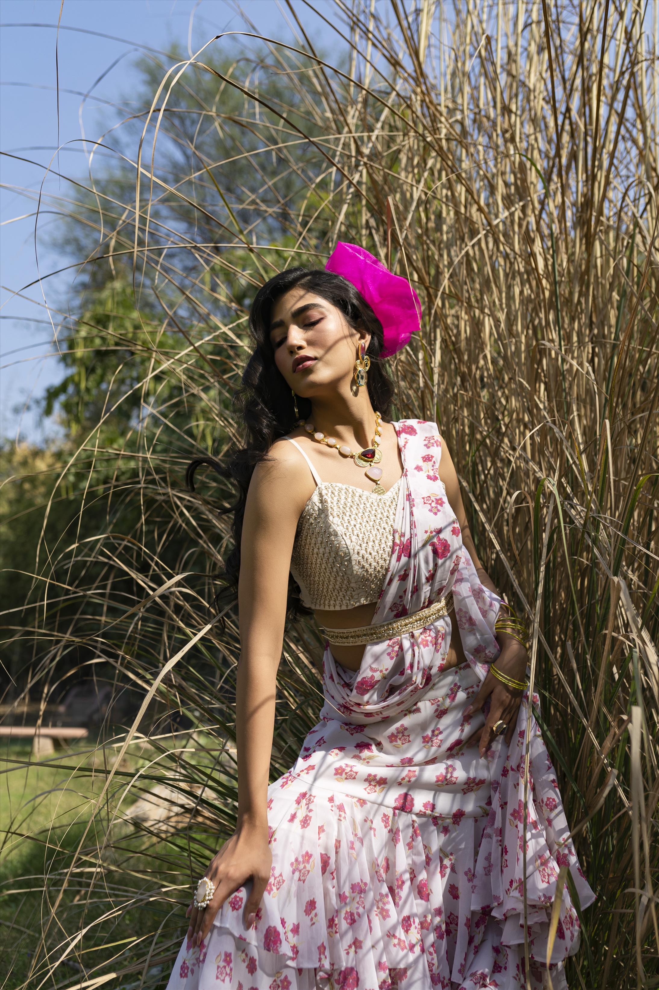 White Cotton Silk Hand Embroidered Blouse With Georgette Floral Print Drape Saree And Cutdana Belt