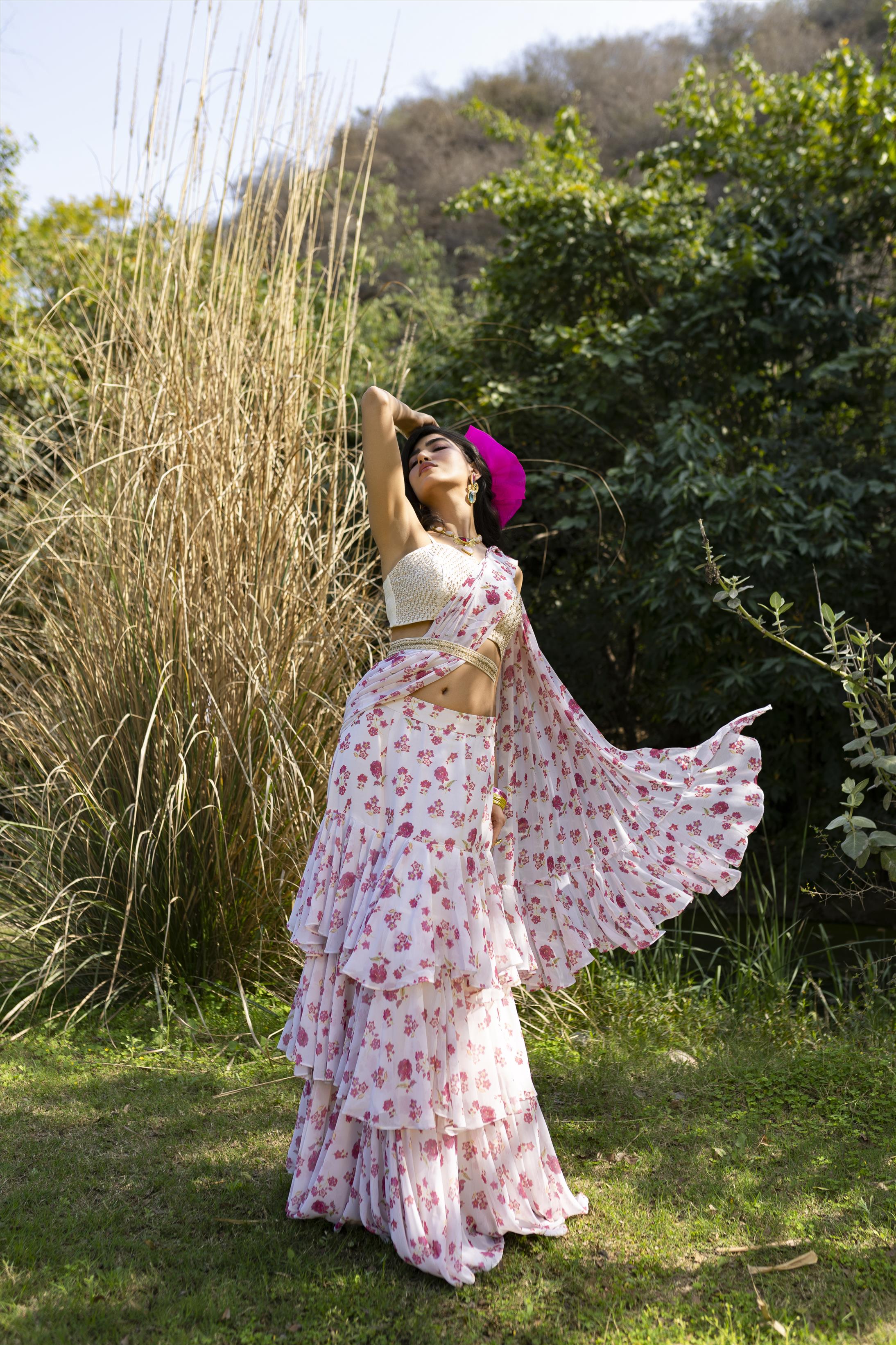 White Cotton Silk Hand Embroidered Blouse With Georgette Floral Print Drape Saree And Cutdana Belt