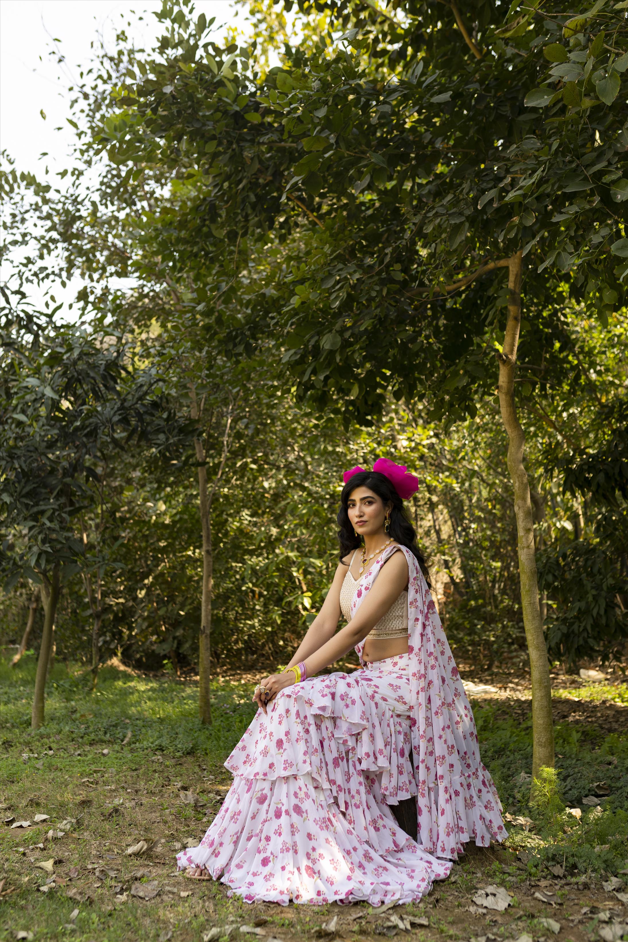 White Cotton Silk Hand Embroidered Blouse With Georgette Floral Print Drape Saree And Cutdana Belt