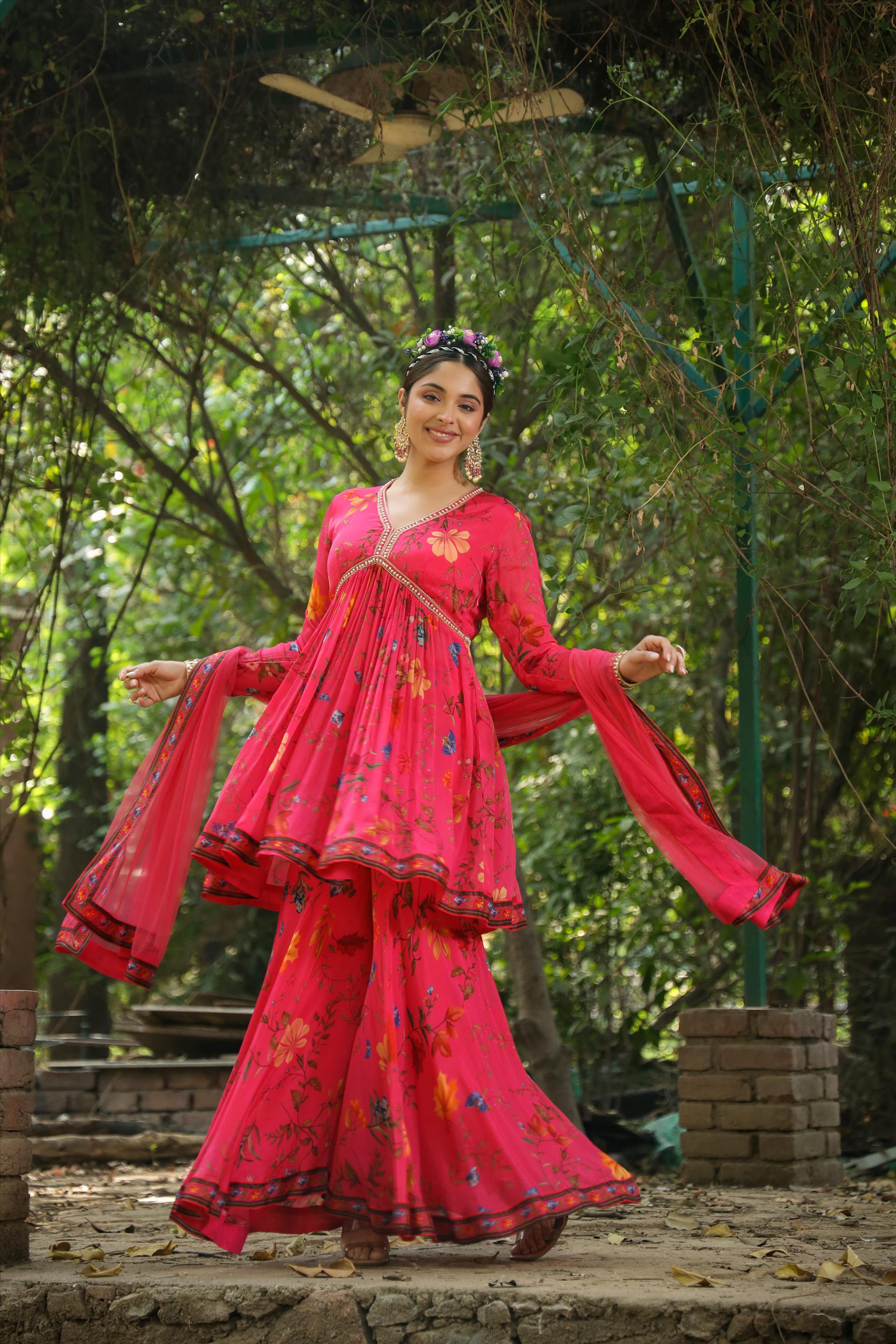 Pink Crepe Floral Print Kurti Sharara Dupatta Set