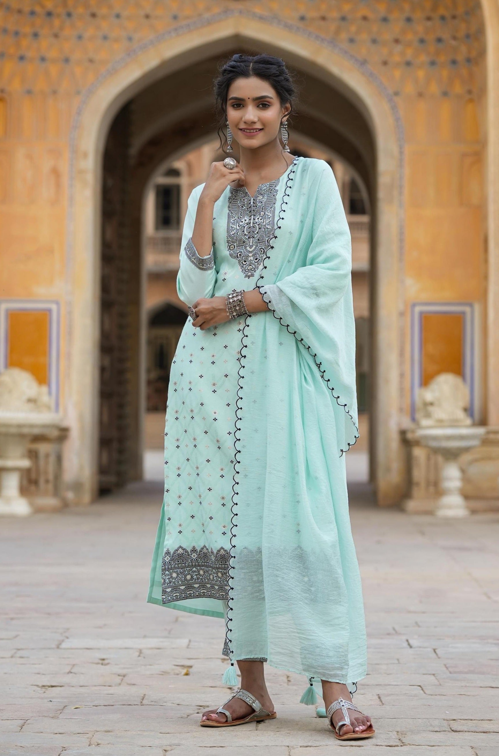 Aqua Blue Muslin Silk Jacquard Suit Set