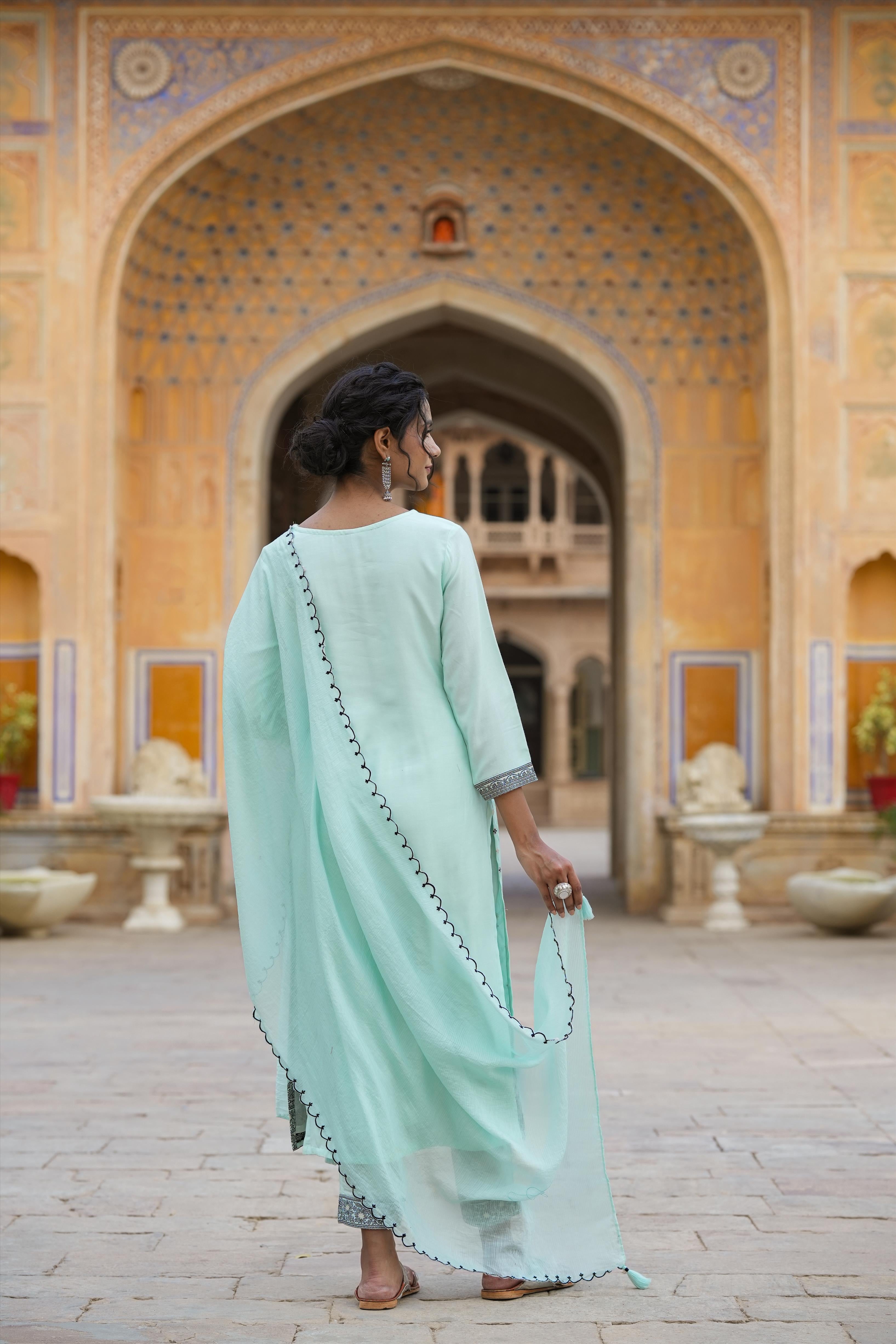 Aqua Blue Muslin Silk Jacquard Suit Set