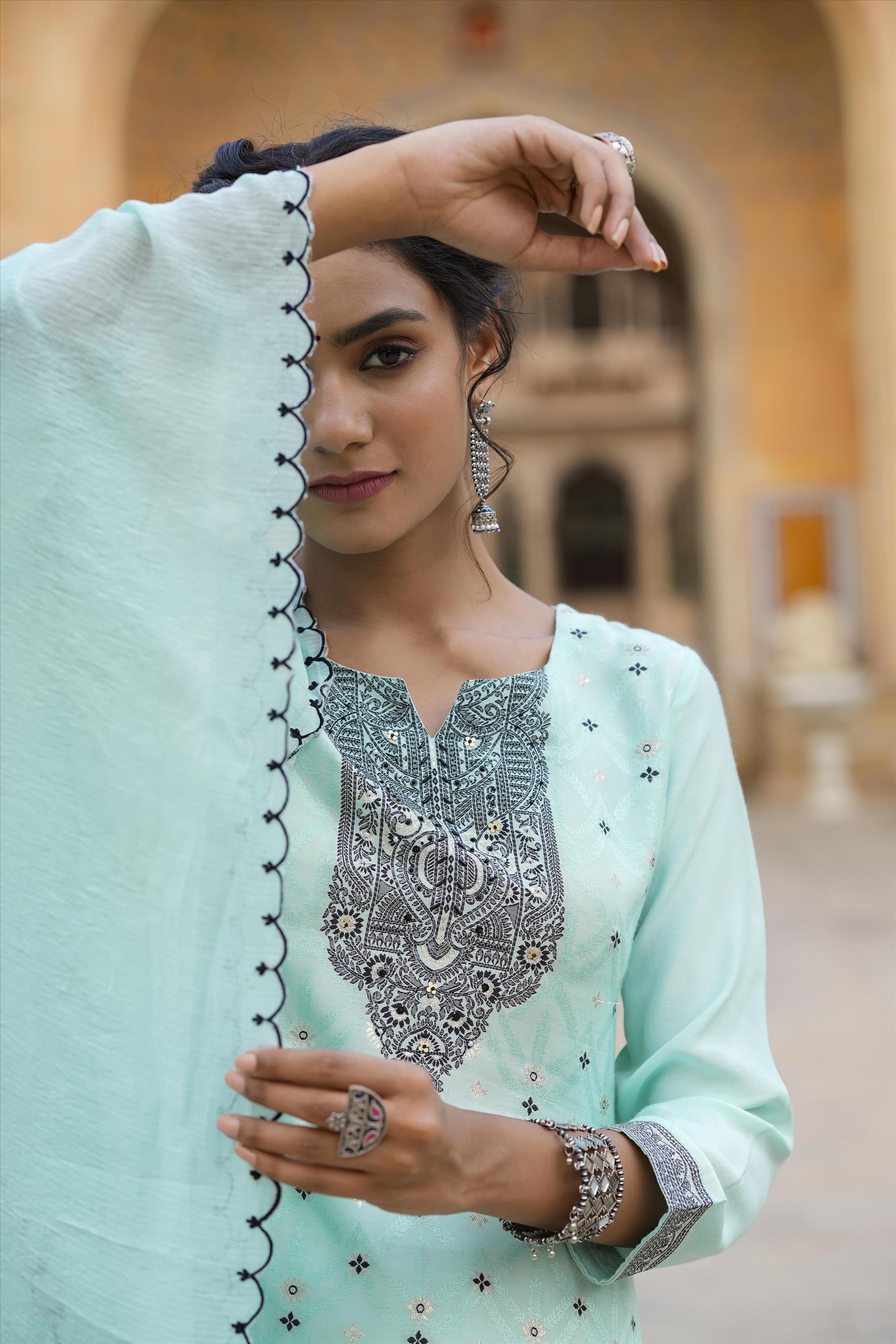 Blue Muslin Silk Jacquard Suit Set For Women