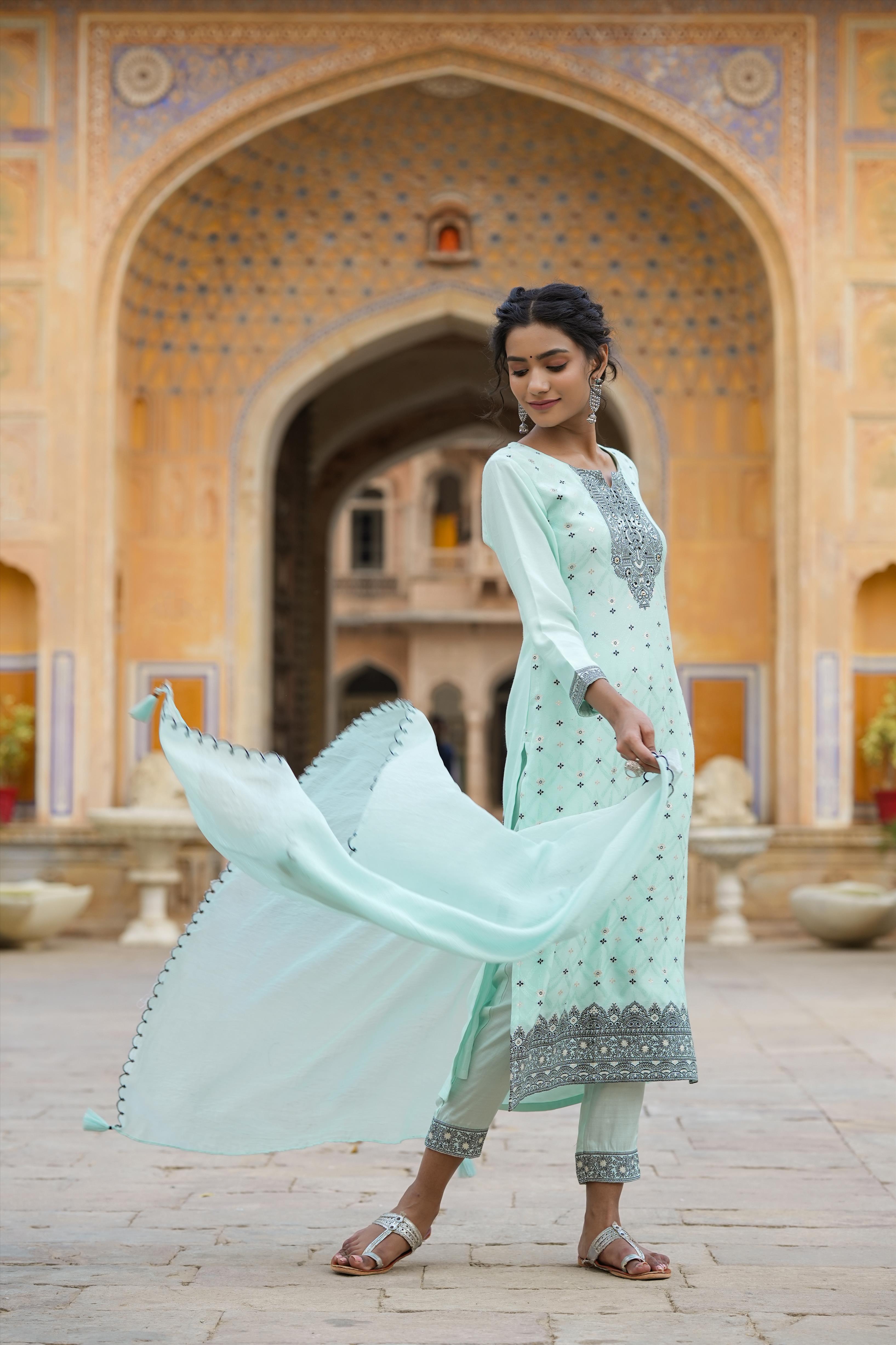 Blue Muslin Silk Jacquard Suit Set For Women