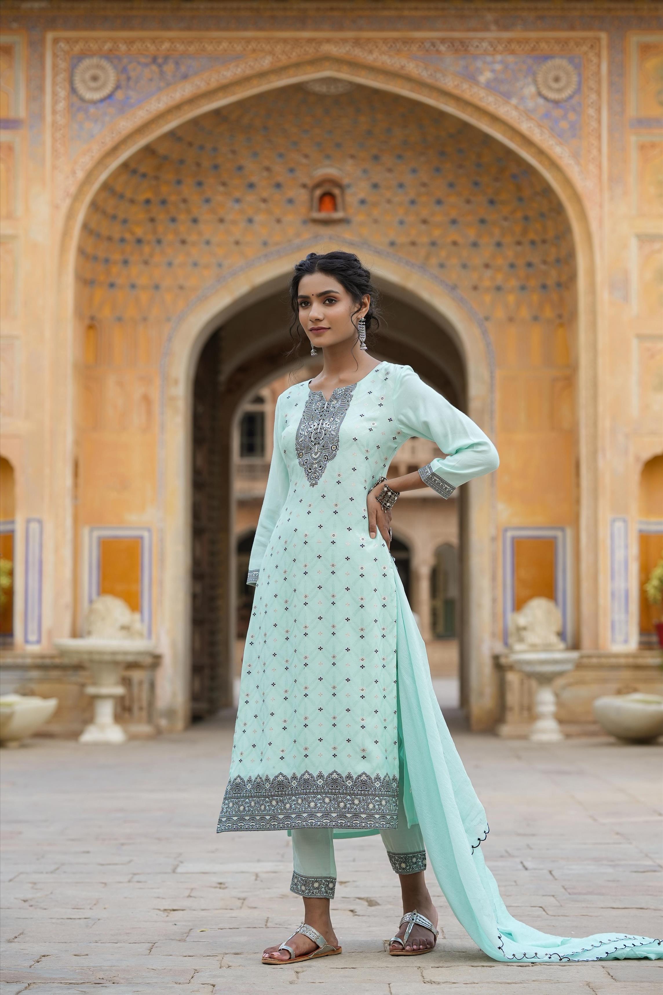 Aqua Blue Muslin Silk Jacquard Suit Set