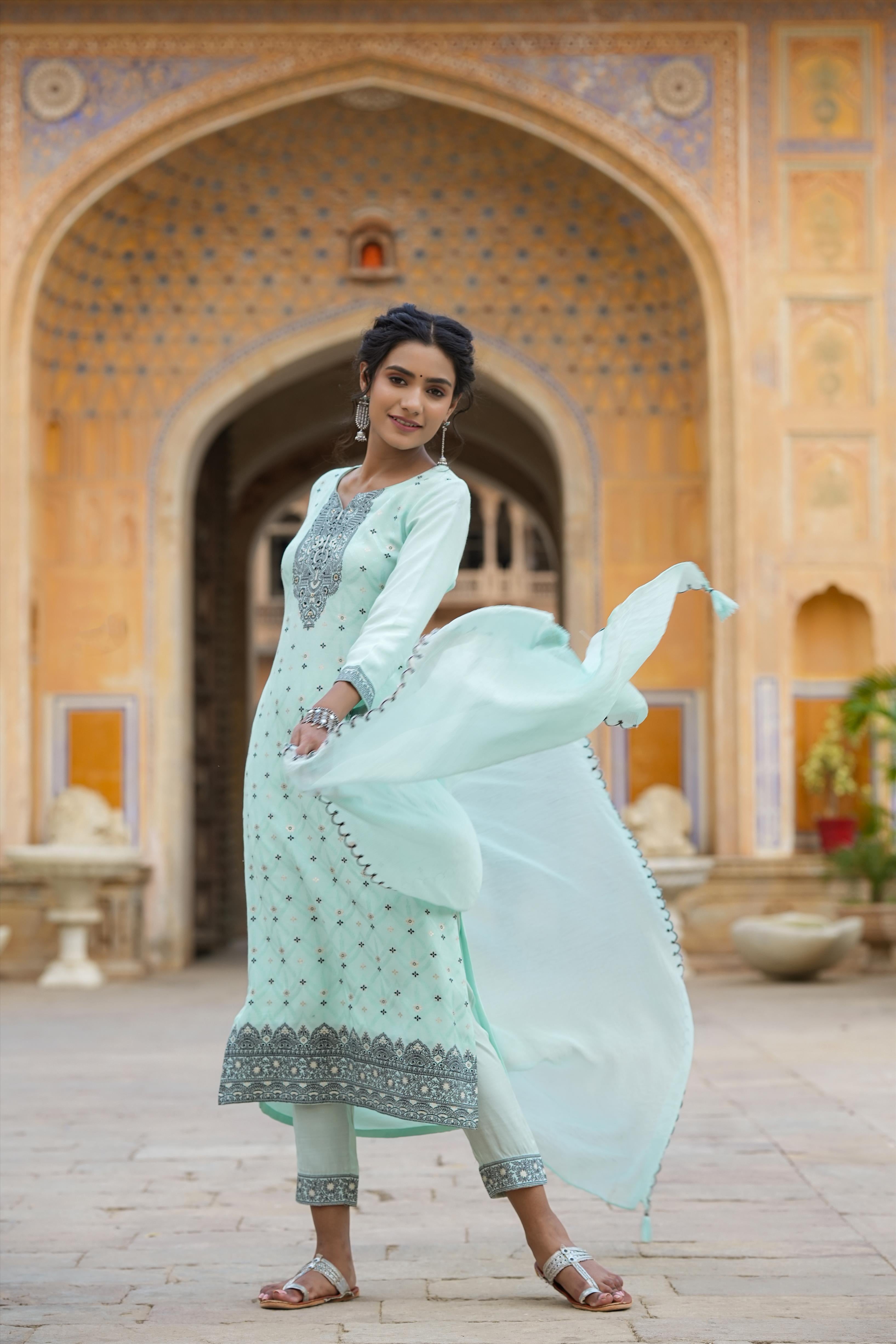 Aqua Blue Muslin Silk Jacquard Suit Set