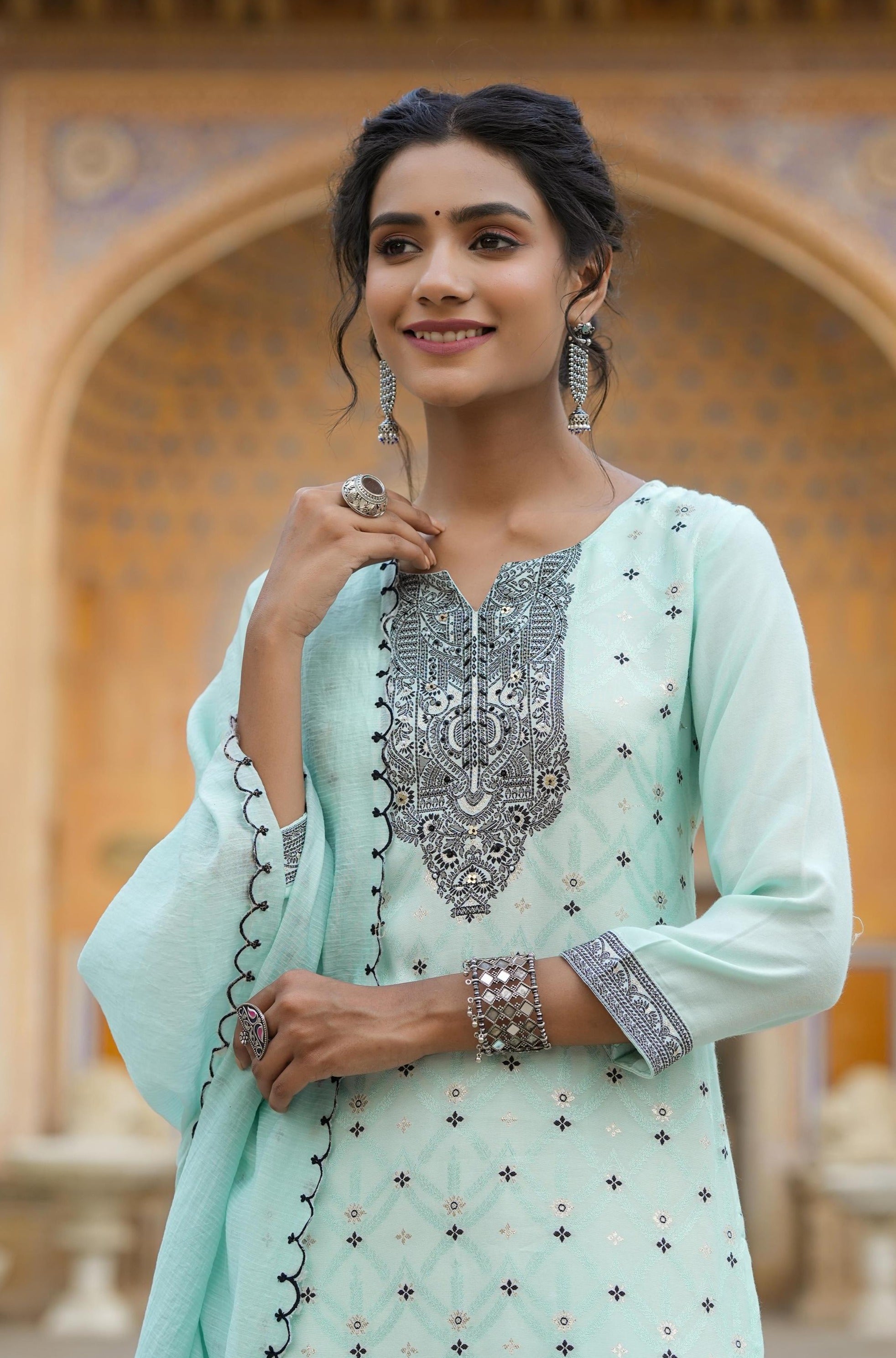 Aqua Blue Muslin Silk Jacquard Suit Set