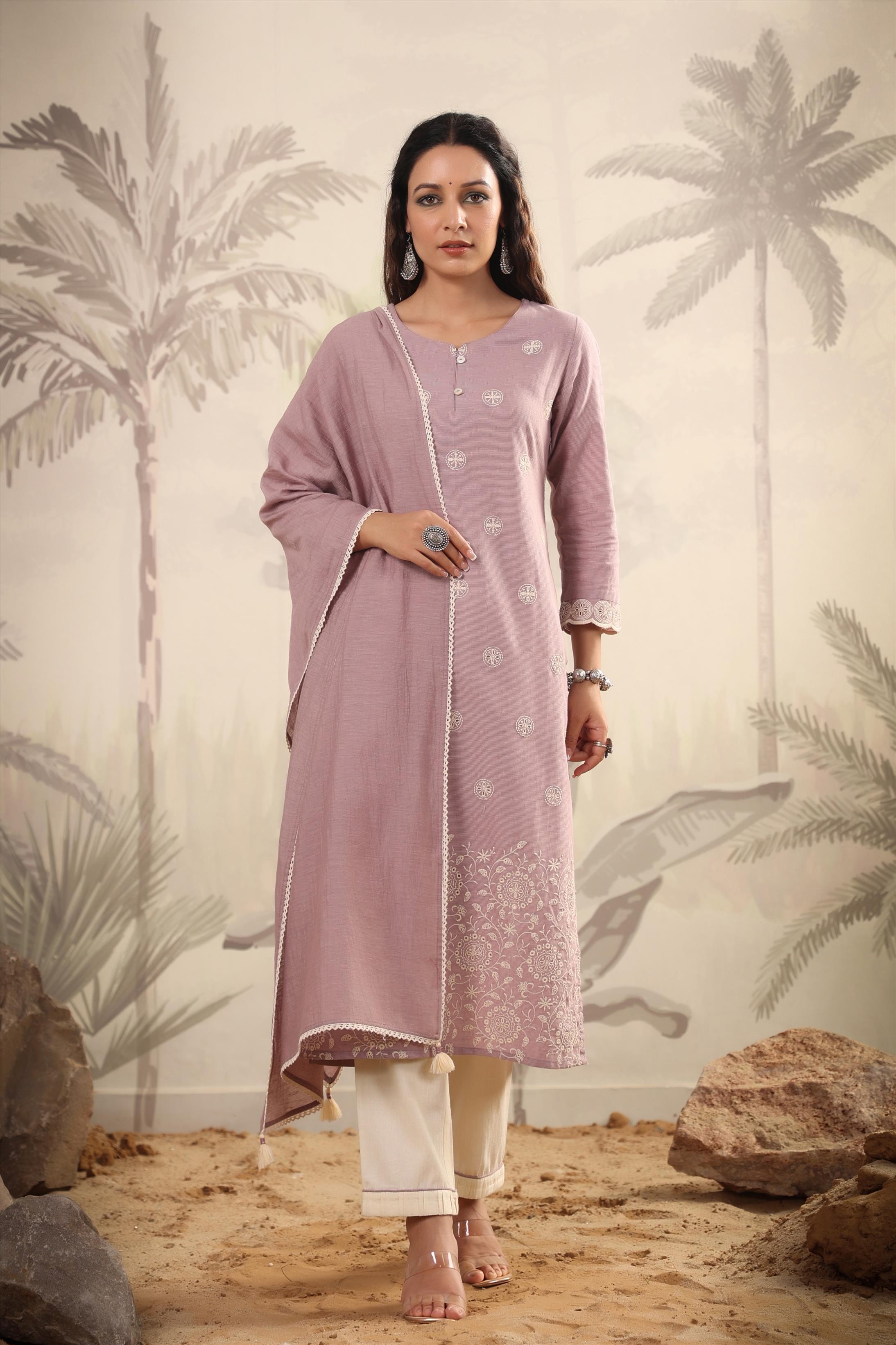 Lavender Cotton Yard Dyed Woven Design Suit Set