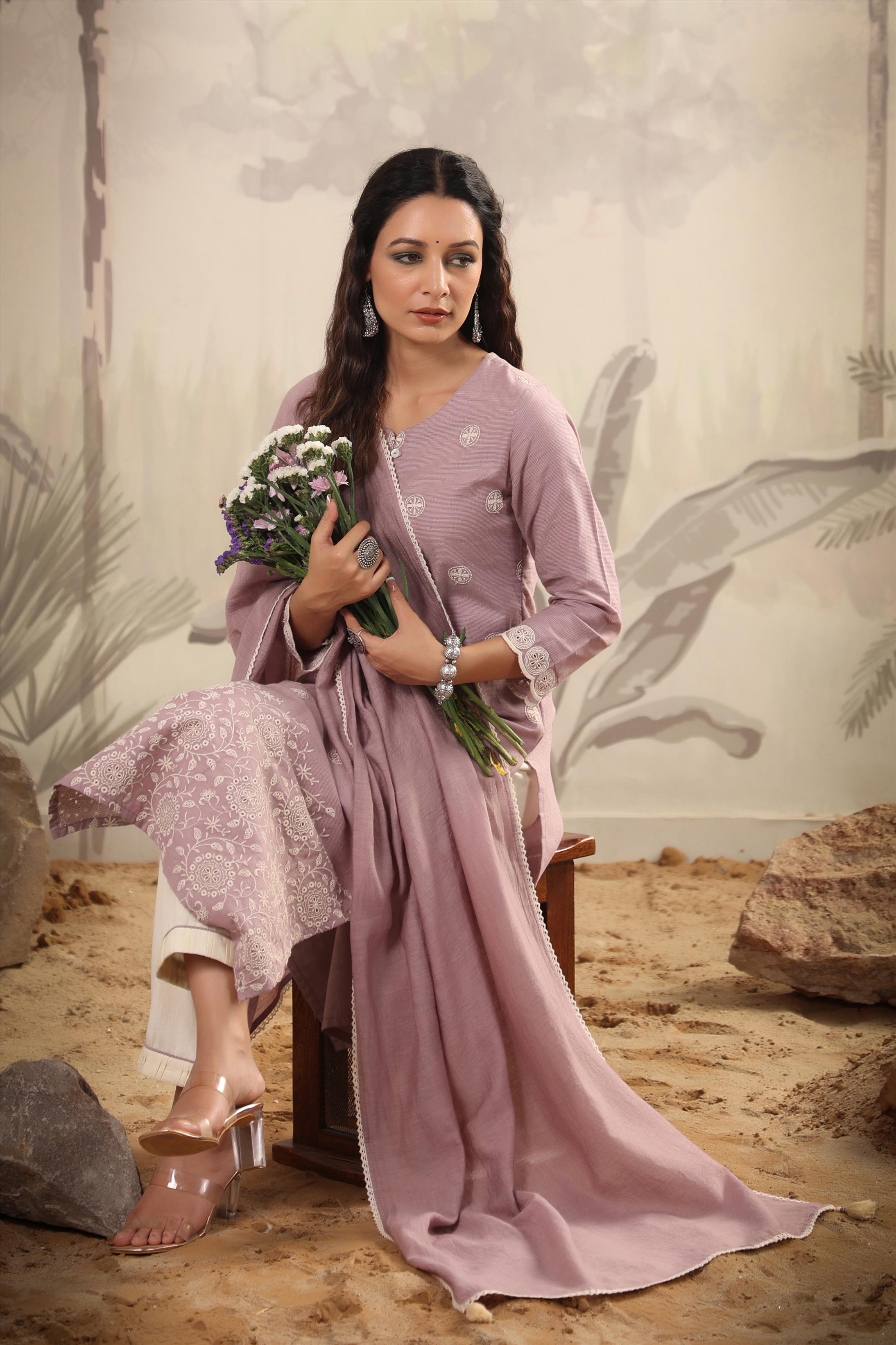 Lavender Cotton Yard Dyed Woven Design Suit Set