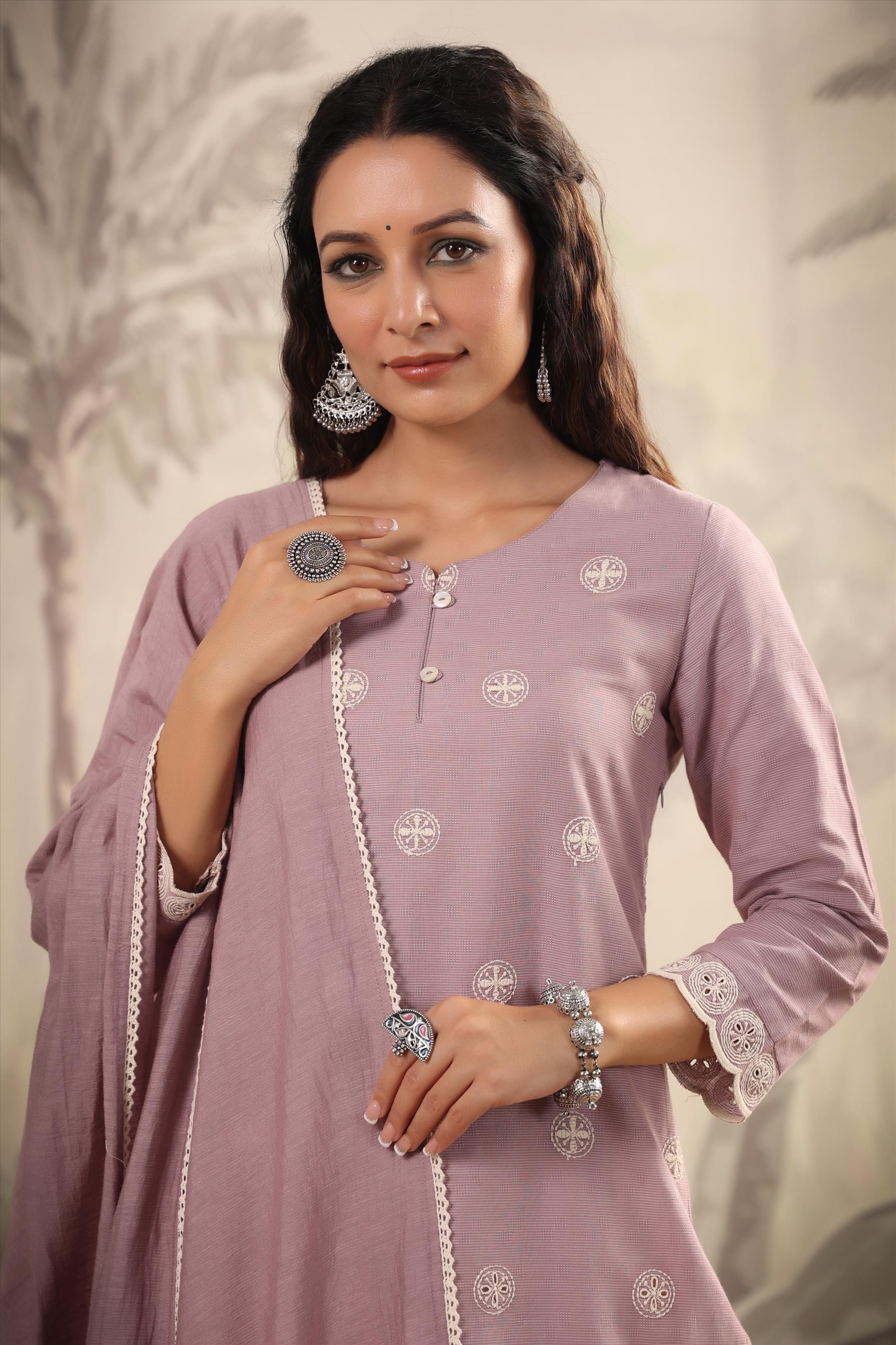 Lavender Cotton Yard Dyed Woven Design Suit Set