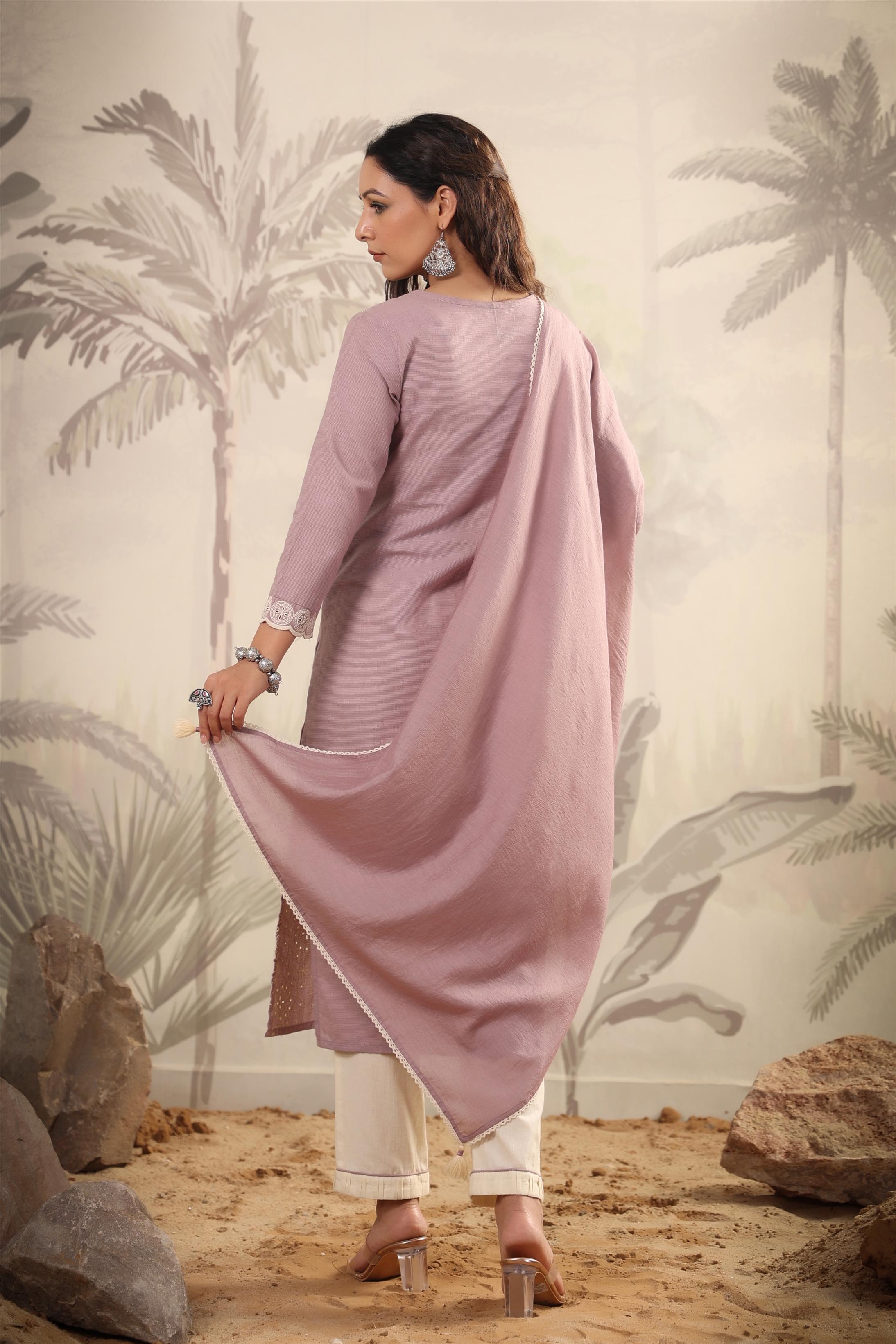 Lavender Cotton Yard Dyed Woven Design Suit Set