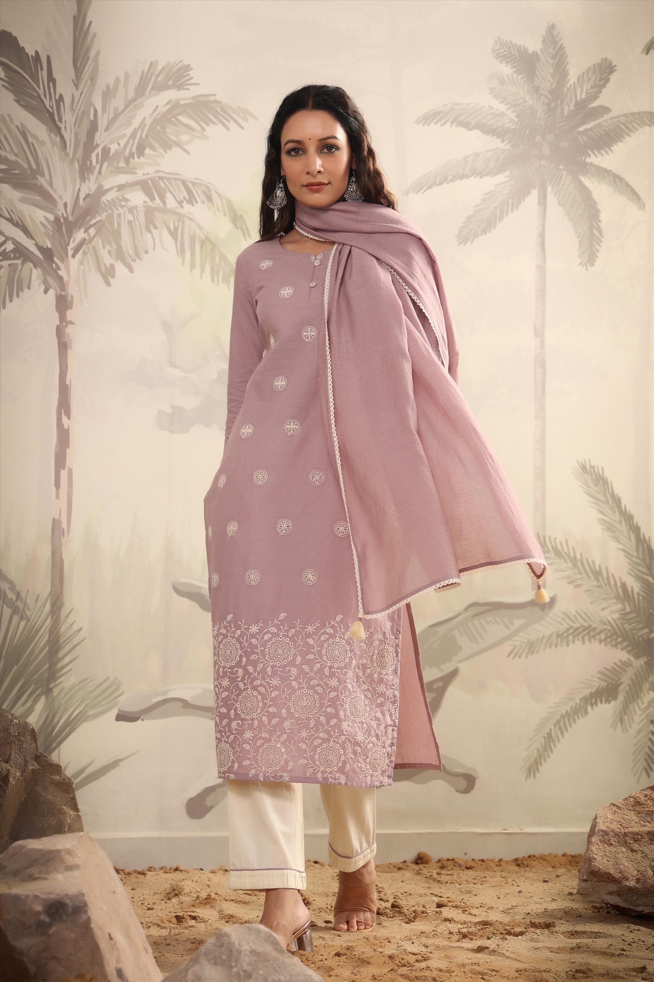 Lavender Cotton Yard Dyed Woven Design Suit Set