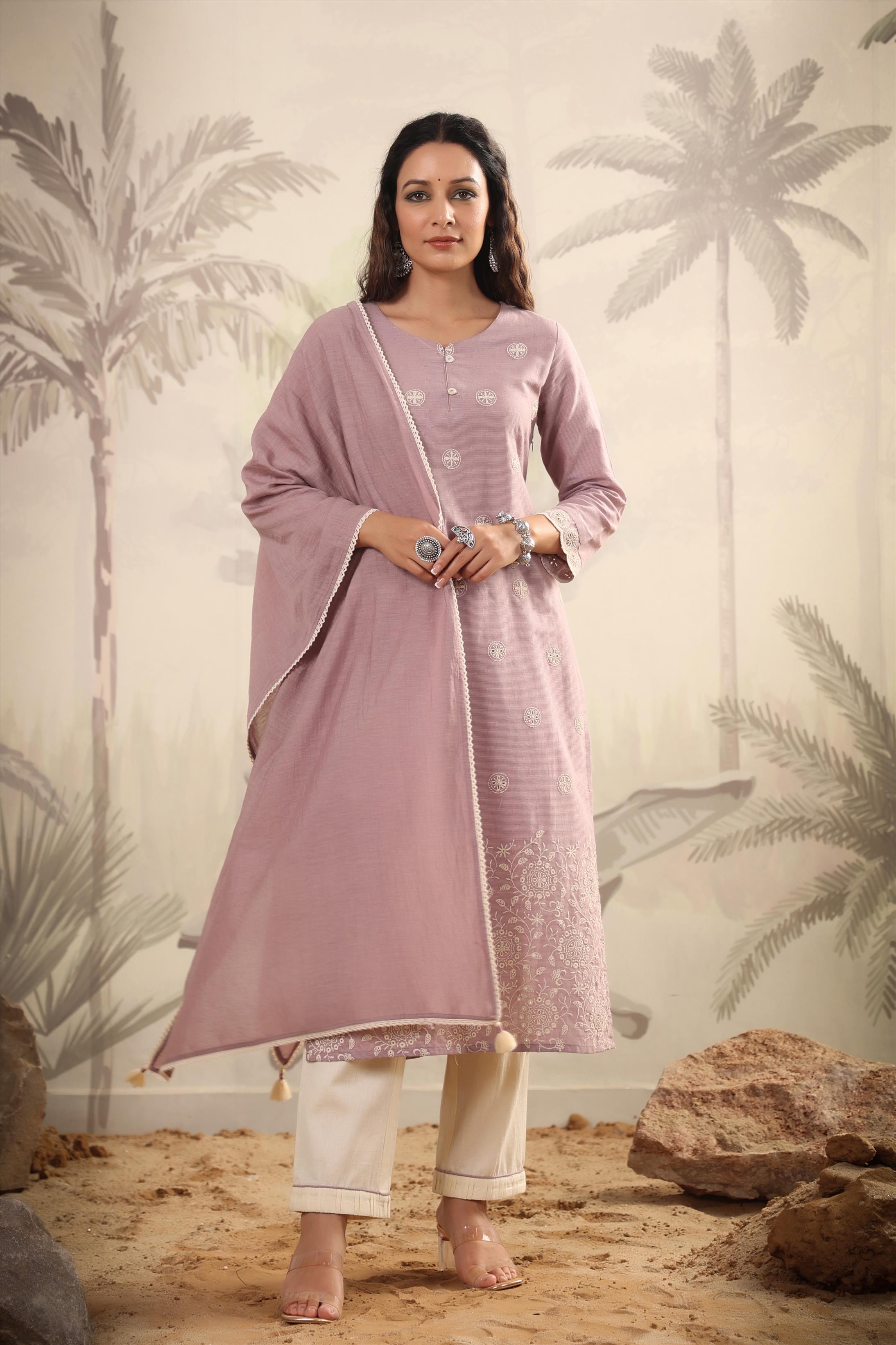 Lavender Cotton Yard Dyed Woven Design Suit Set