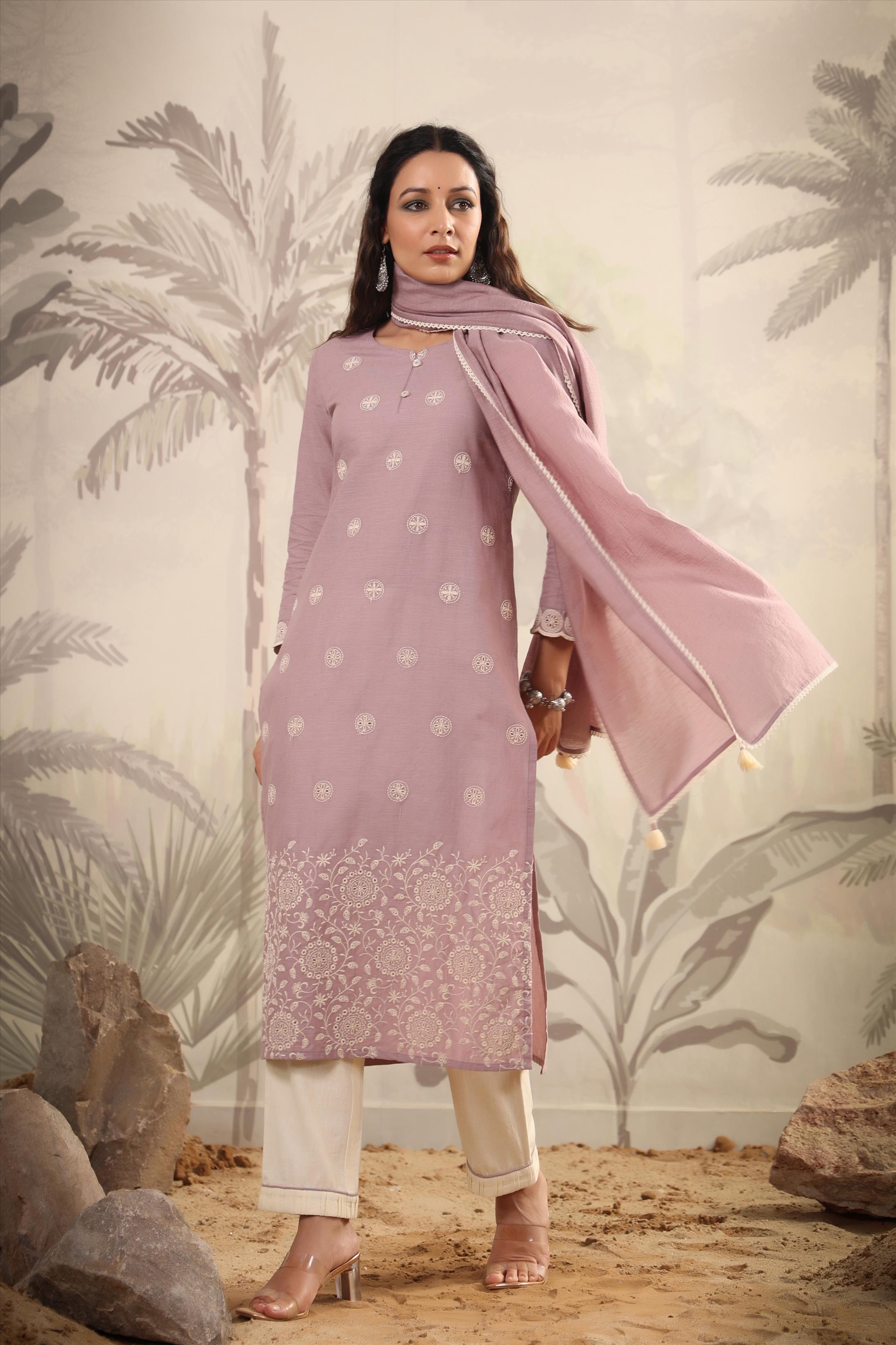 Lavender Cotton Yard Dyed Woven Design Suit Set