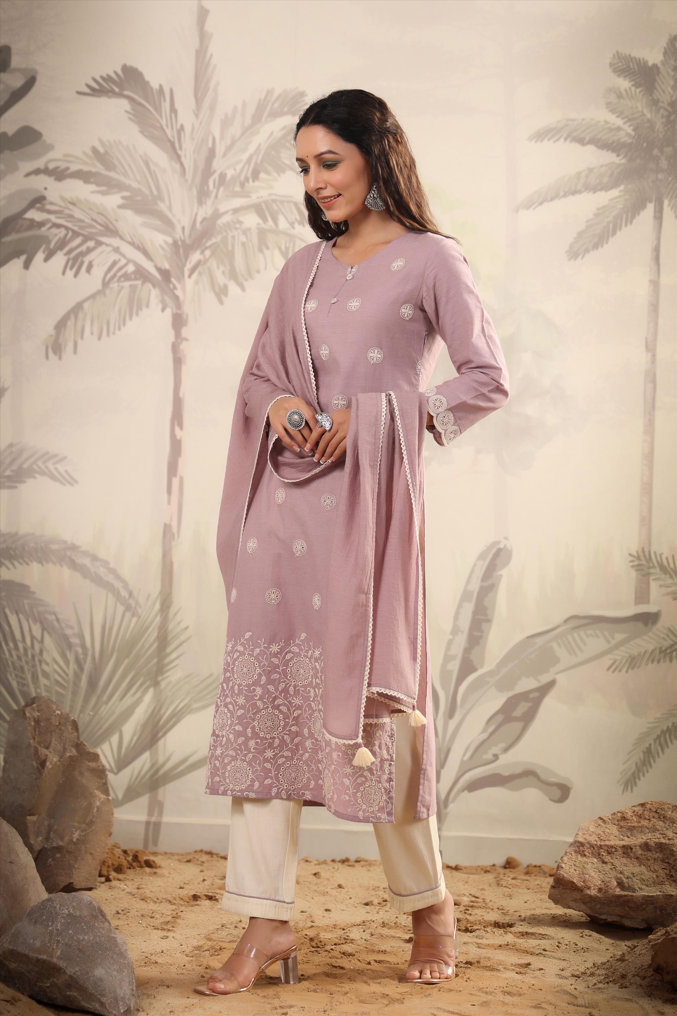 Lavender Cotton Yard Dyed Woven Design Suit Set