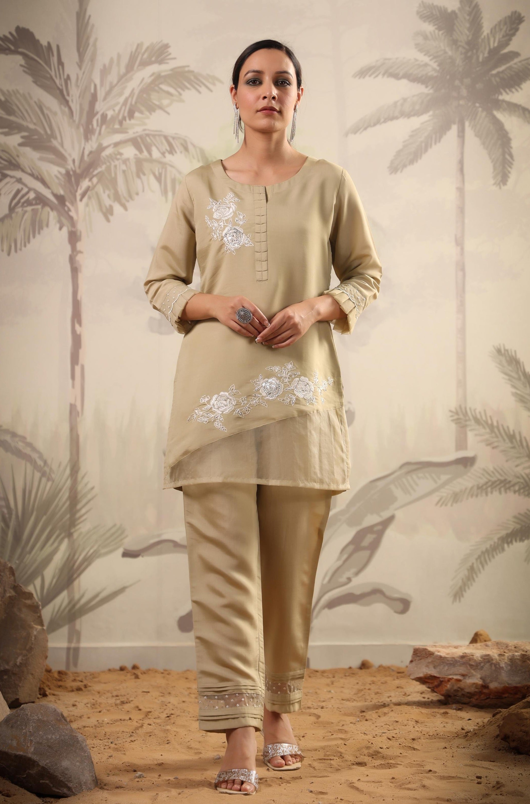 Beige Chanderi Silk Embroidered Tunic Co-Ord Set