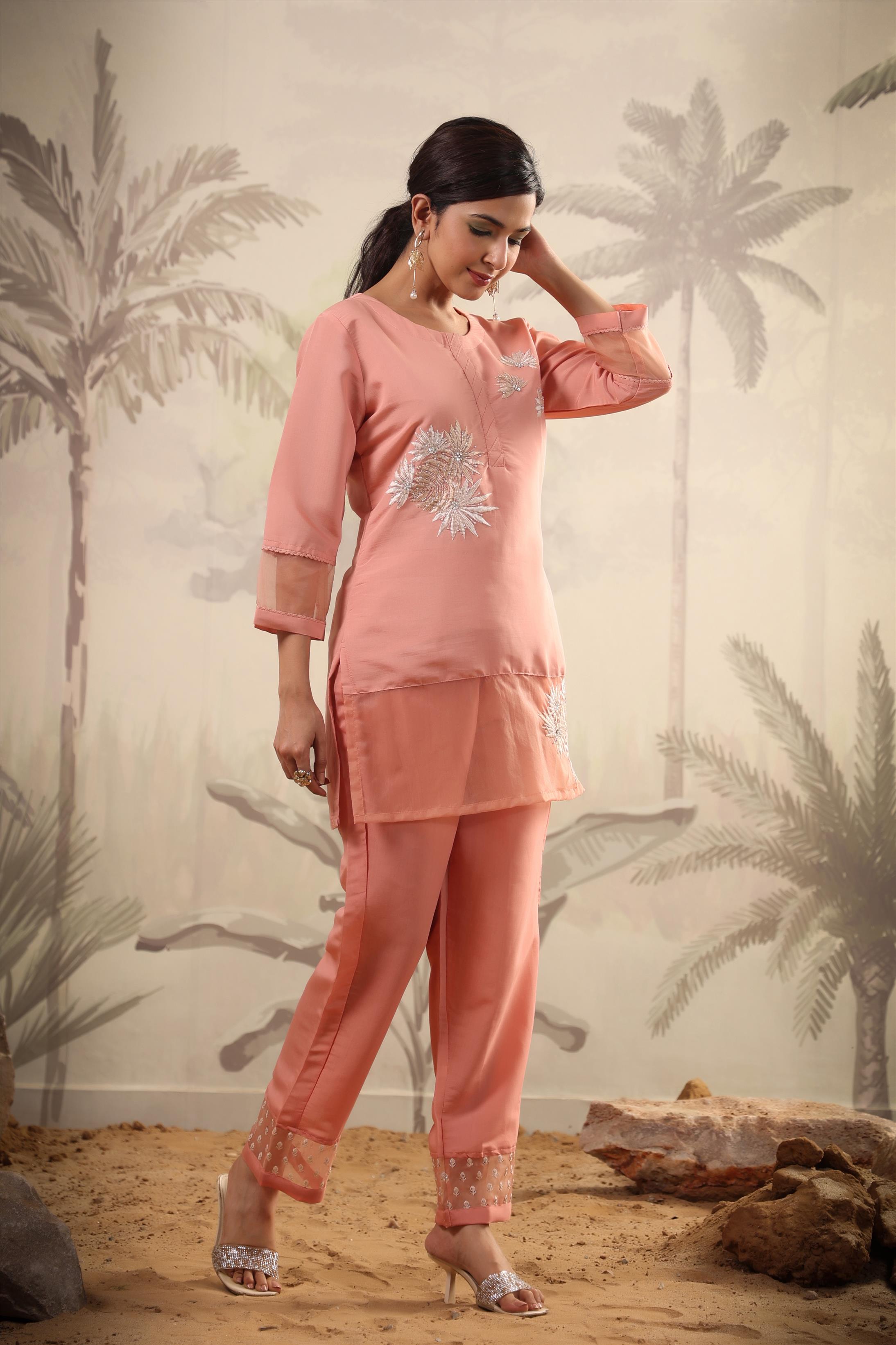 Peach Chanderi Silk Embroidered Tunic Co-Ord Set