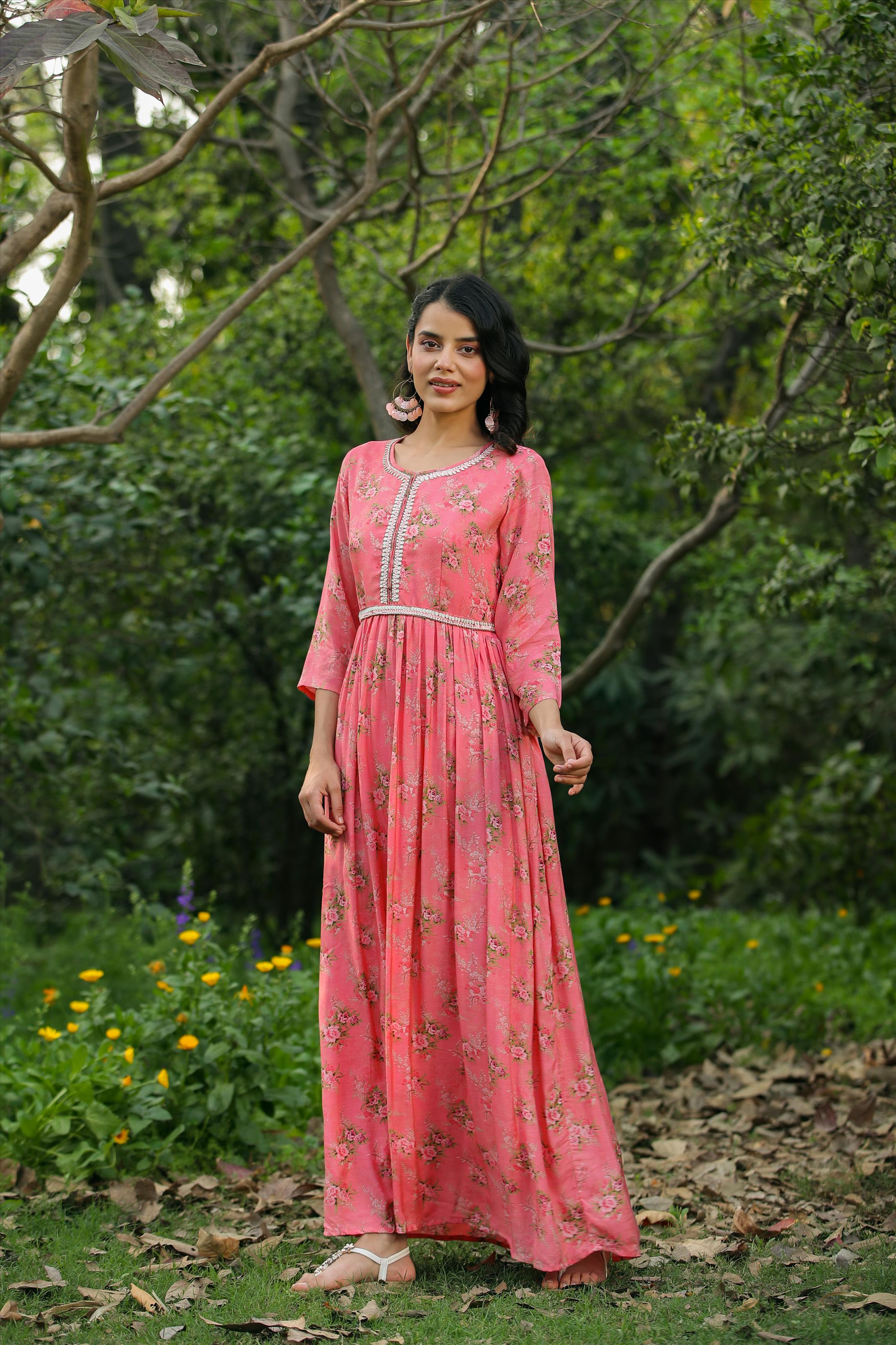 Pink Muslin Silk Floral Print Pleated Anarkali Dress With Belt And Lining