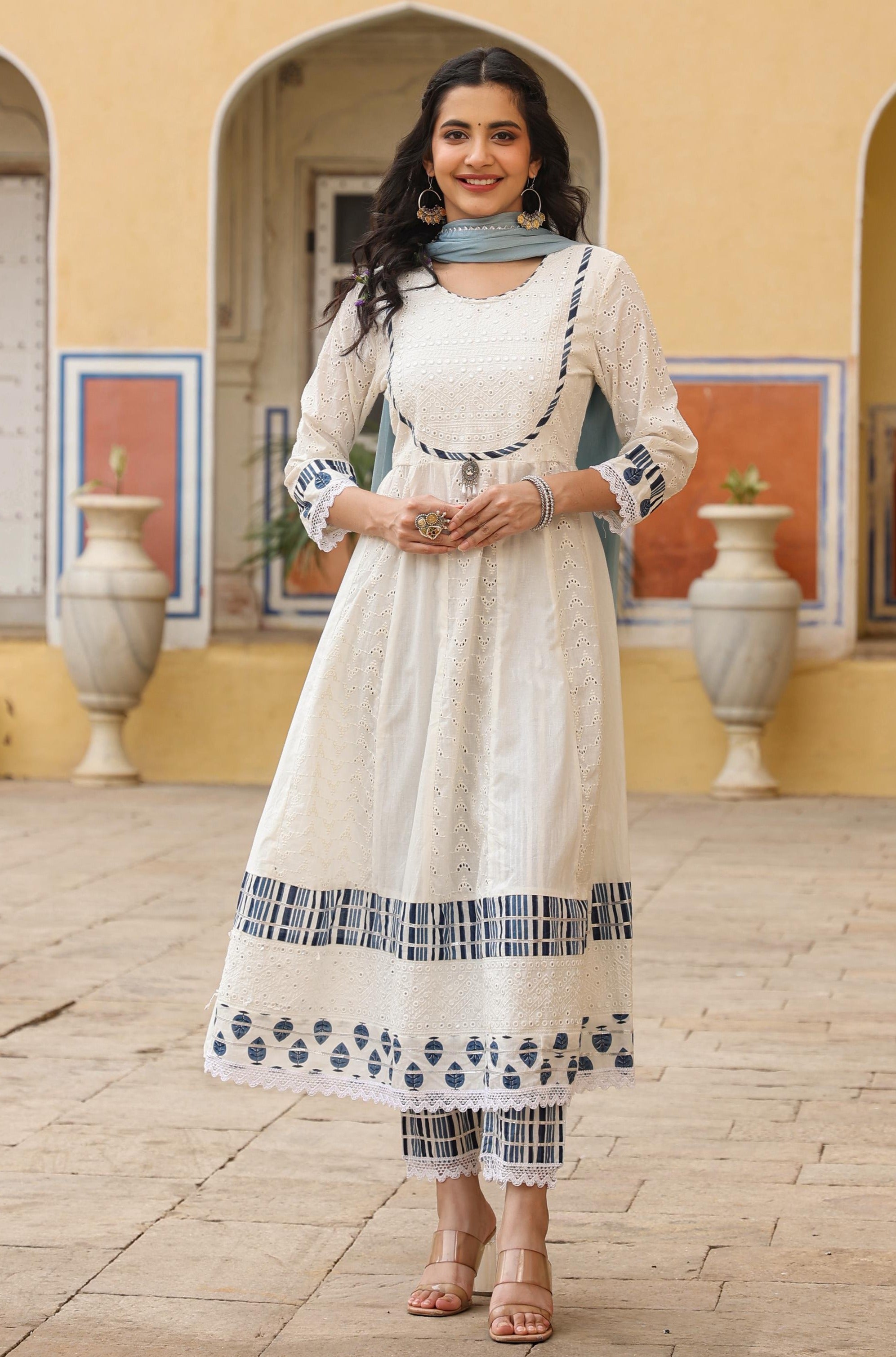 White Cotton Schiffli Anarkali Kurta Pant Dupatta Suit Set