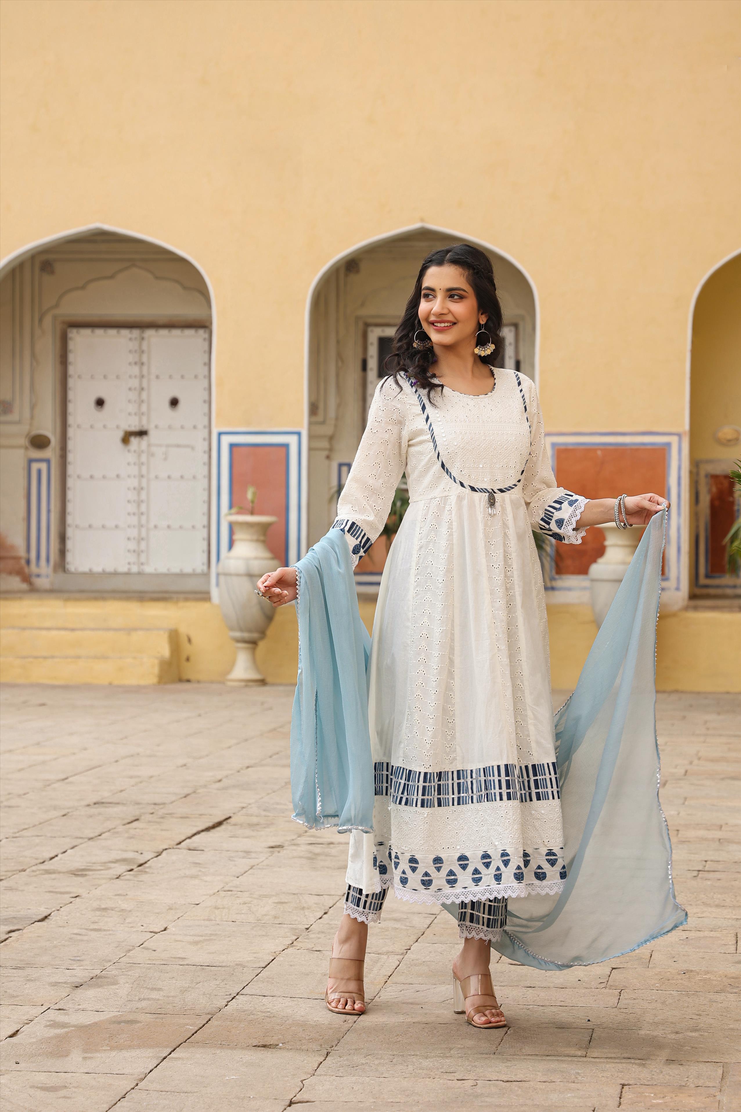 White Cotton Schiffli Anarkali Kurta Pant Dupatta Suit Set