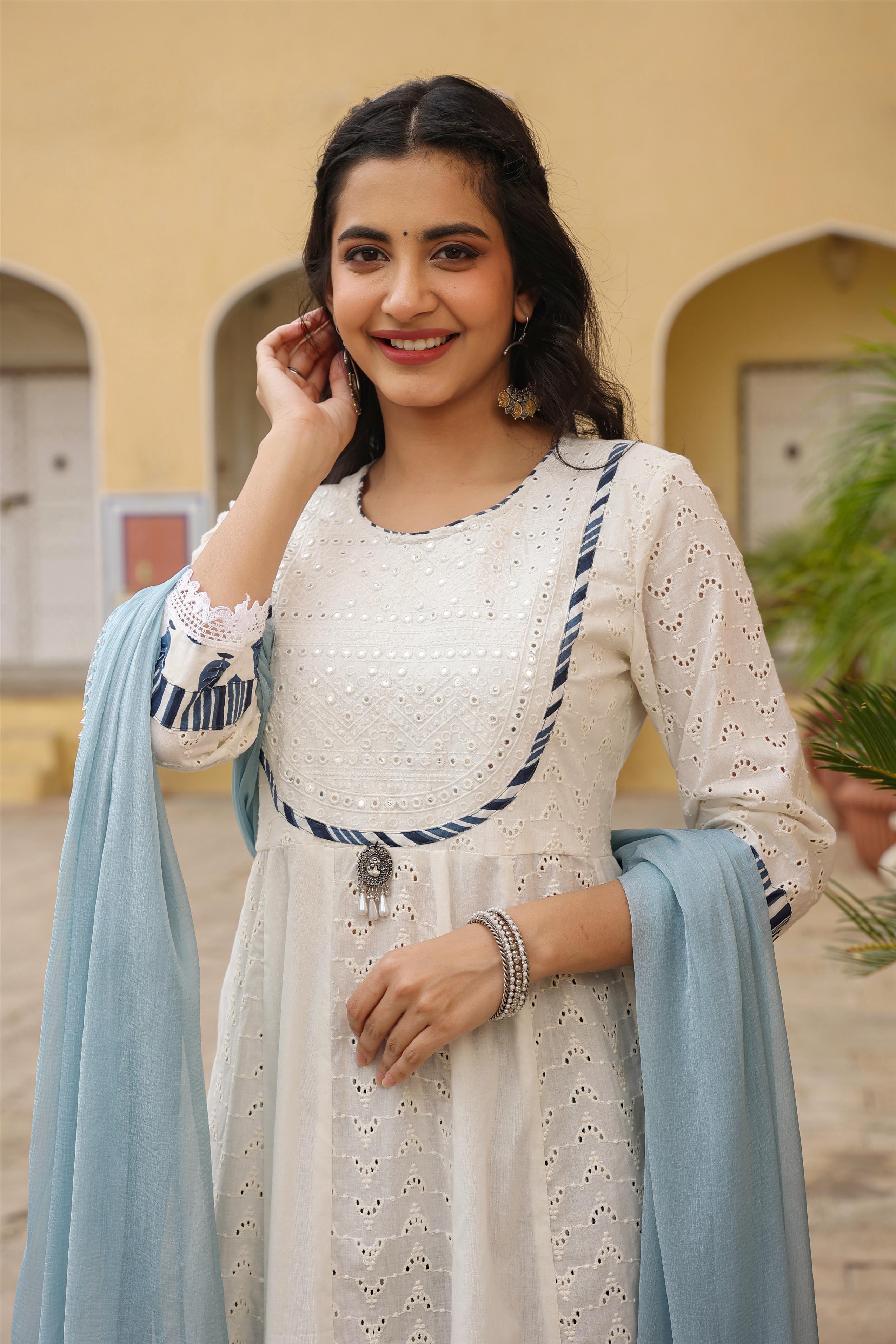 White Cotton Schiffli Anarkali Kurta Pant Dupatta Suit Set