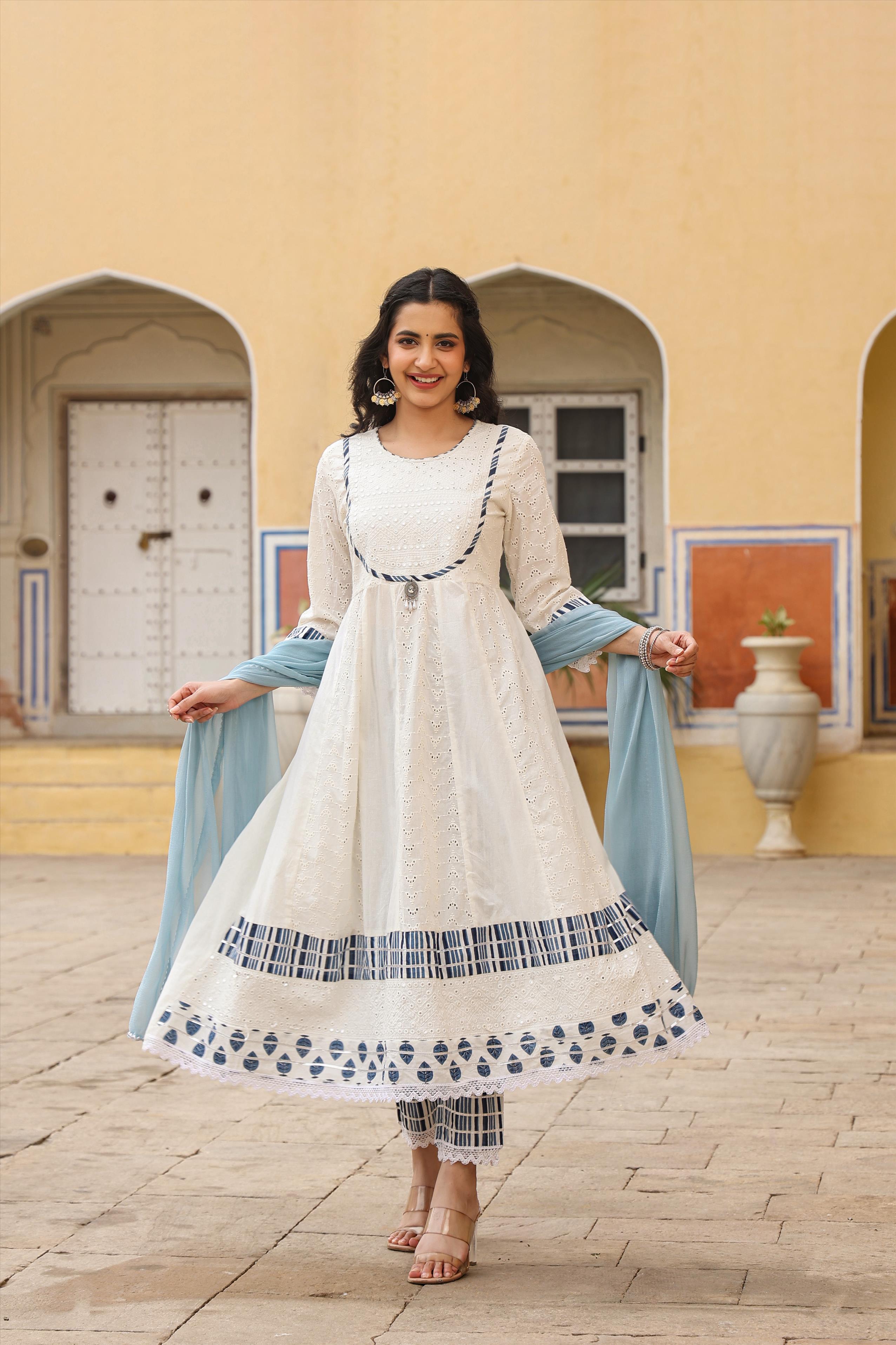 White Cotton Schiffli Anarkali Kurta Pant Dupatta Suit Set