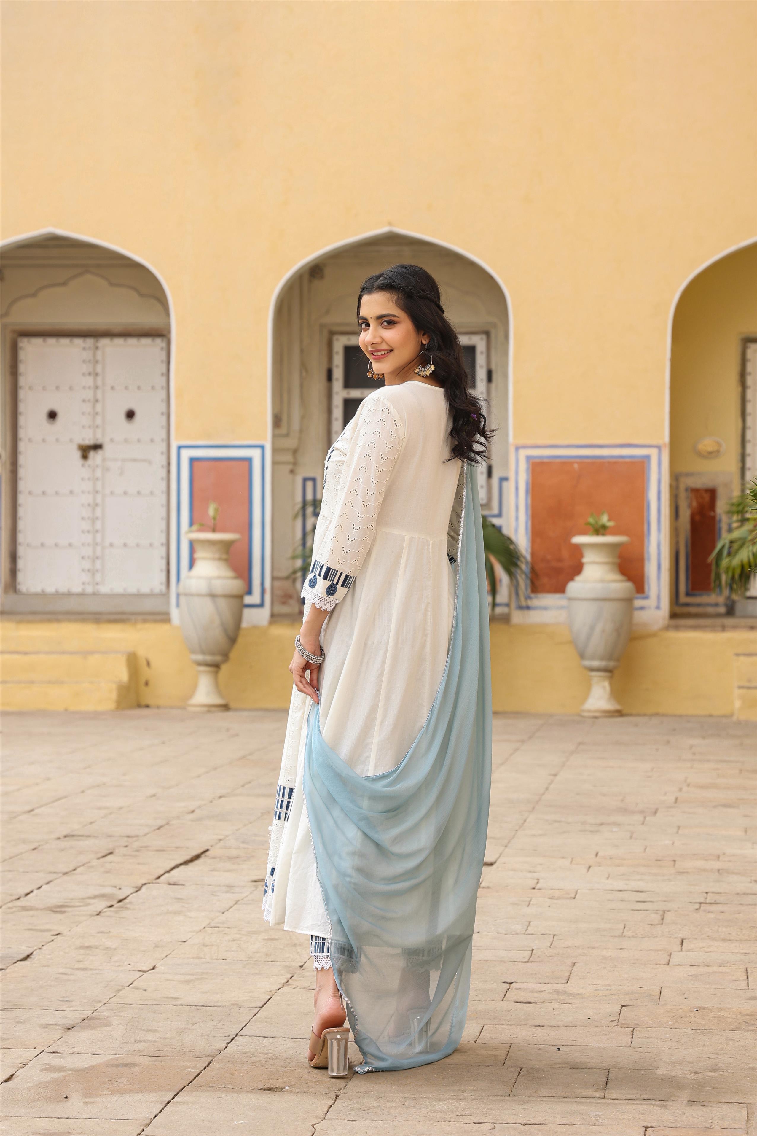 White Cotton Schiffli Anarkali Kurta Pant Dupatta Suit Set