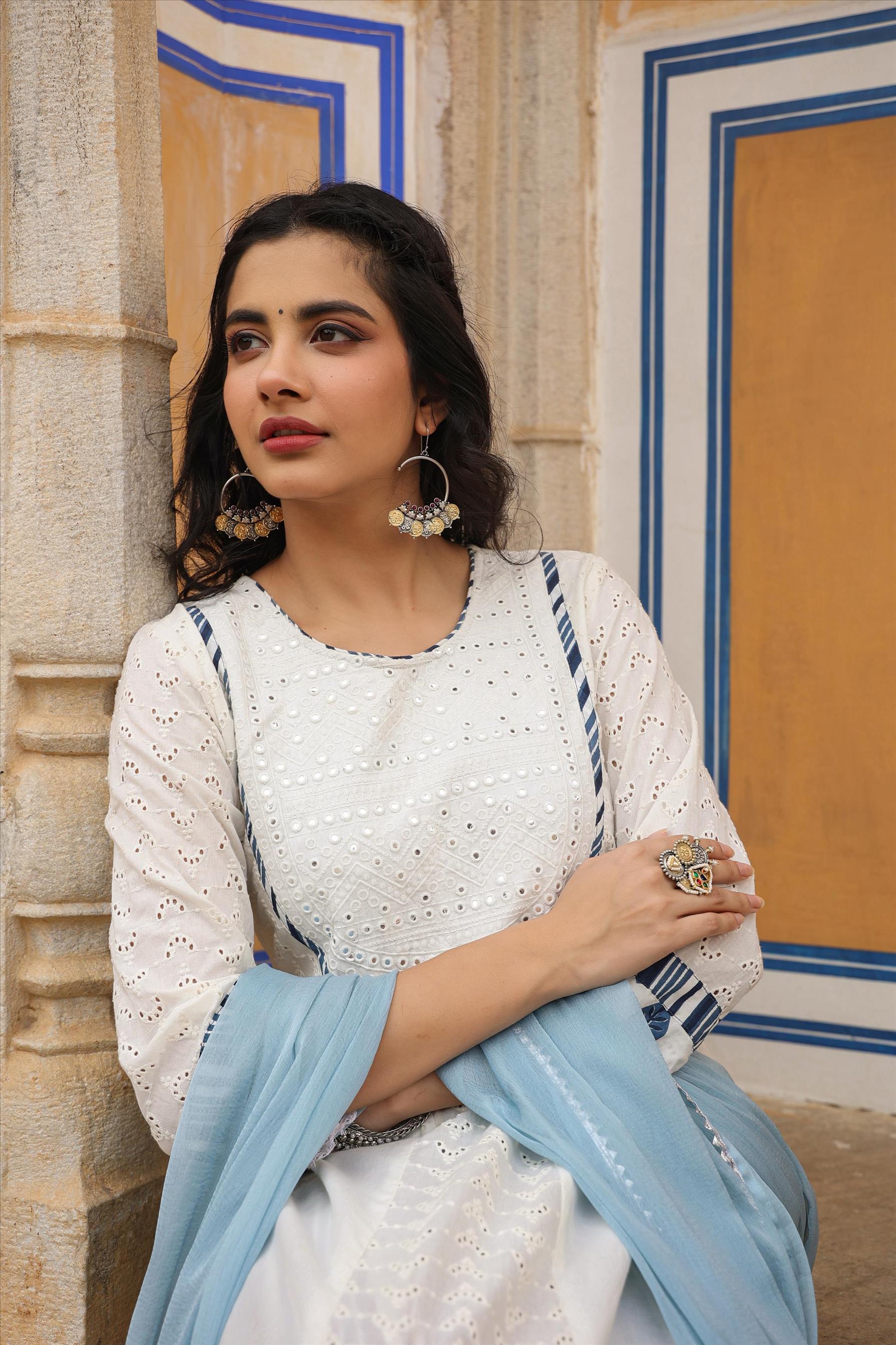 White Cotton Schiffli Anarkali Kurta Pant Dupatta Suit Set
