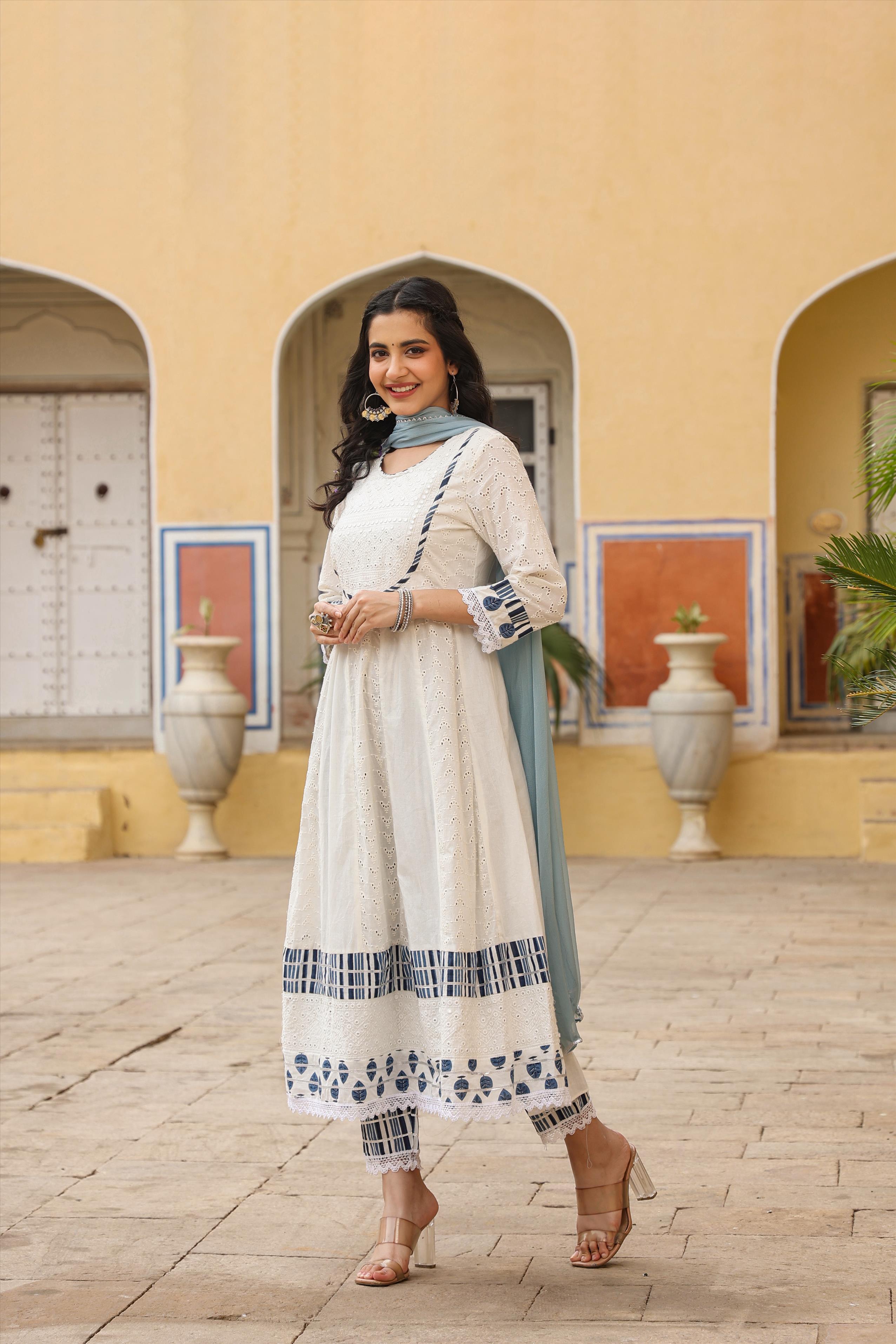 White Cotton Schiffli Anarkali Kurta Pant Dupatta Suit Set