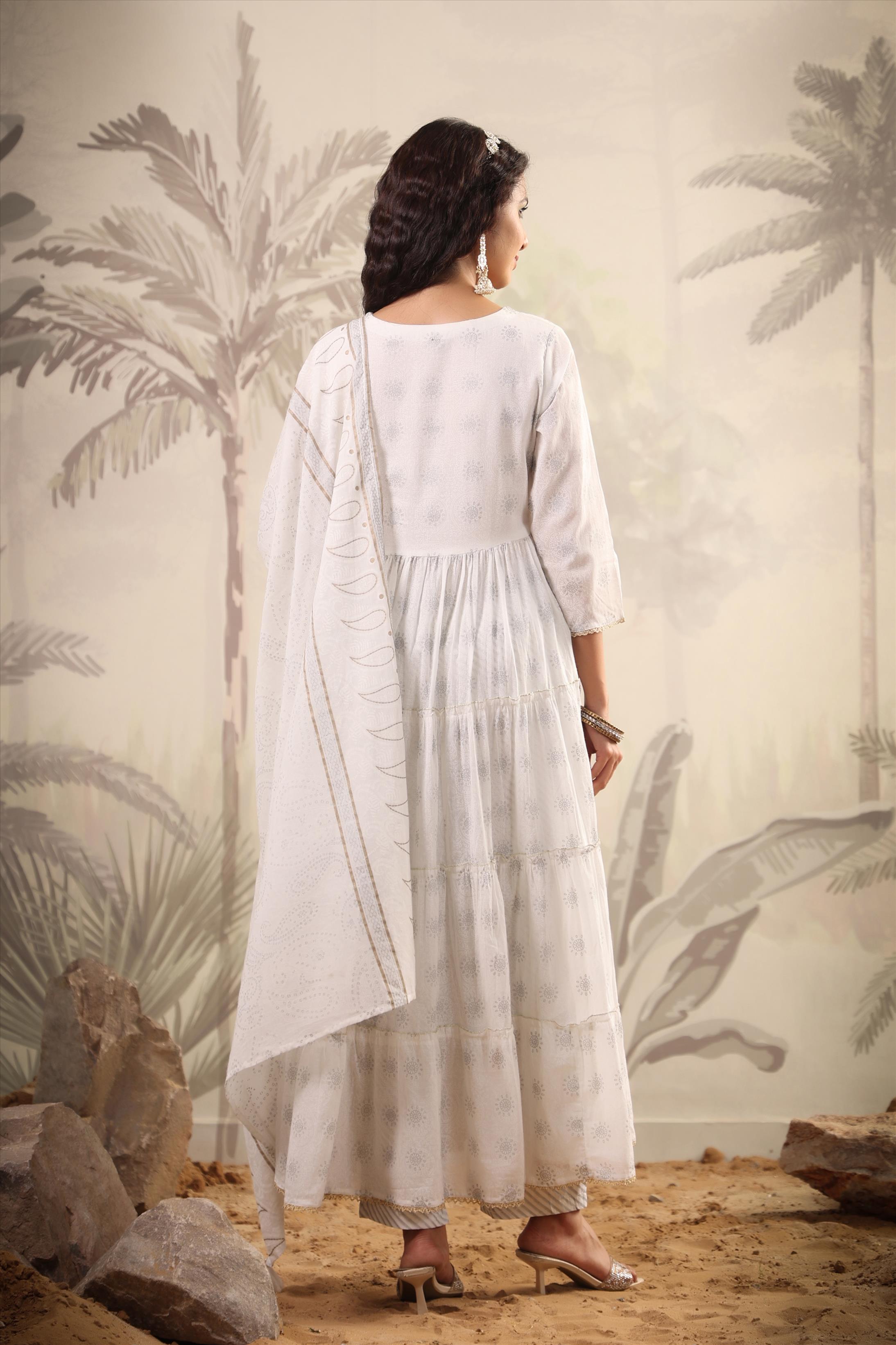 White Mul Cotton Khari Print Anarkali Pant Dupatta Suit Set