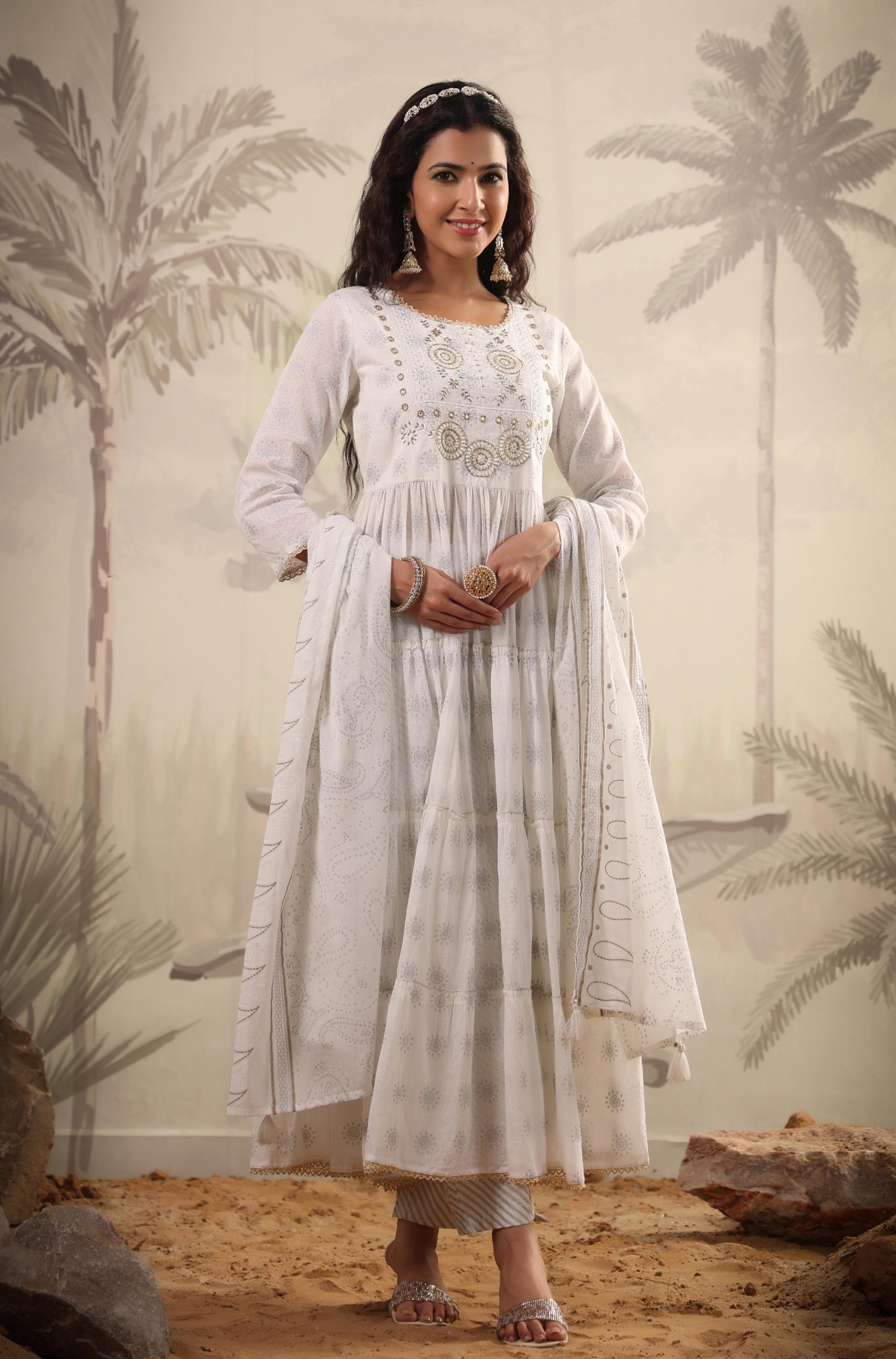 White Mul Cotton Khari Print Anarkali Pant Dupatta Suit Set