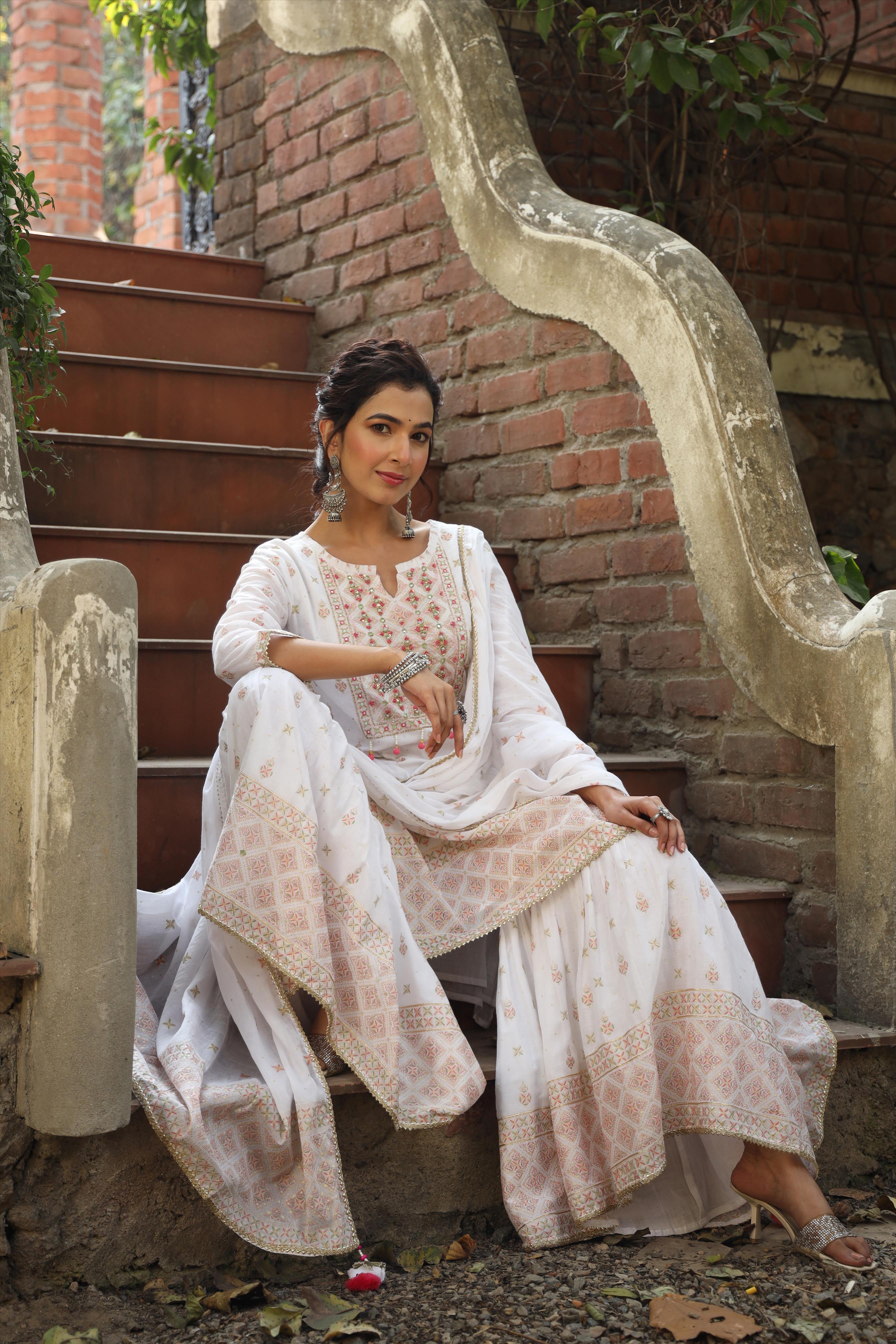 White Mul Cotton Foil Print & Handwork Yoke Design Kurti Sharara Dupatta Set