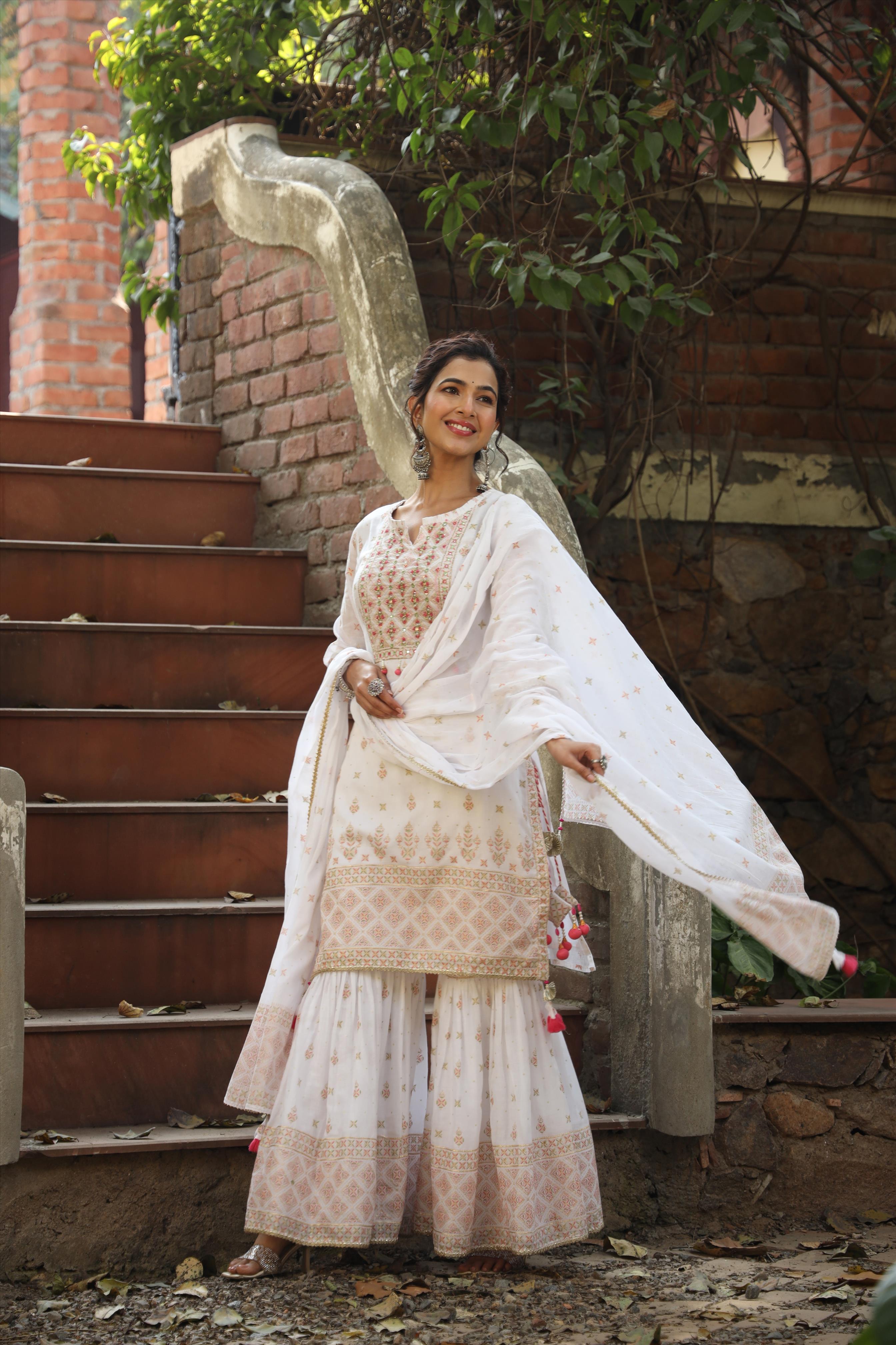 White Mul Cotton Foil Print & Handwork Yoke Design Kurti Sharara Dupatta Set