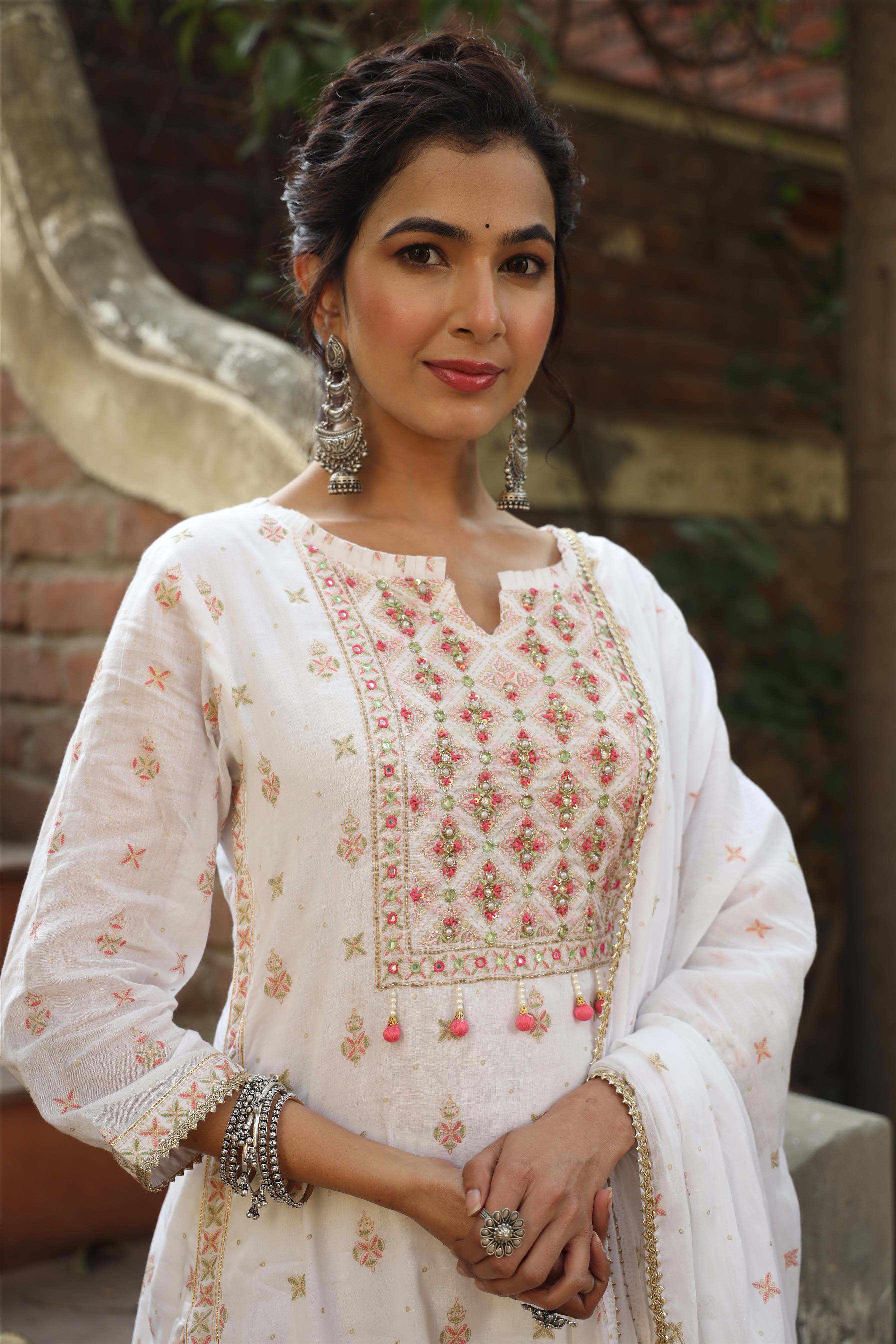White Mul Cotton Foil Print & Handwork Yoke Design Kurti Sharara Dupatta Set