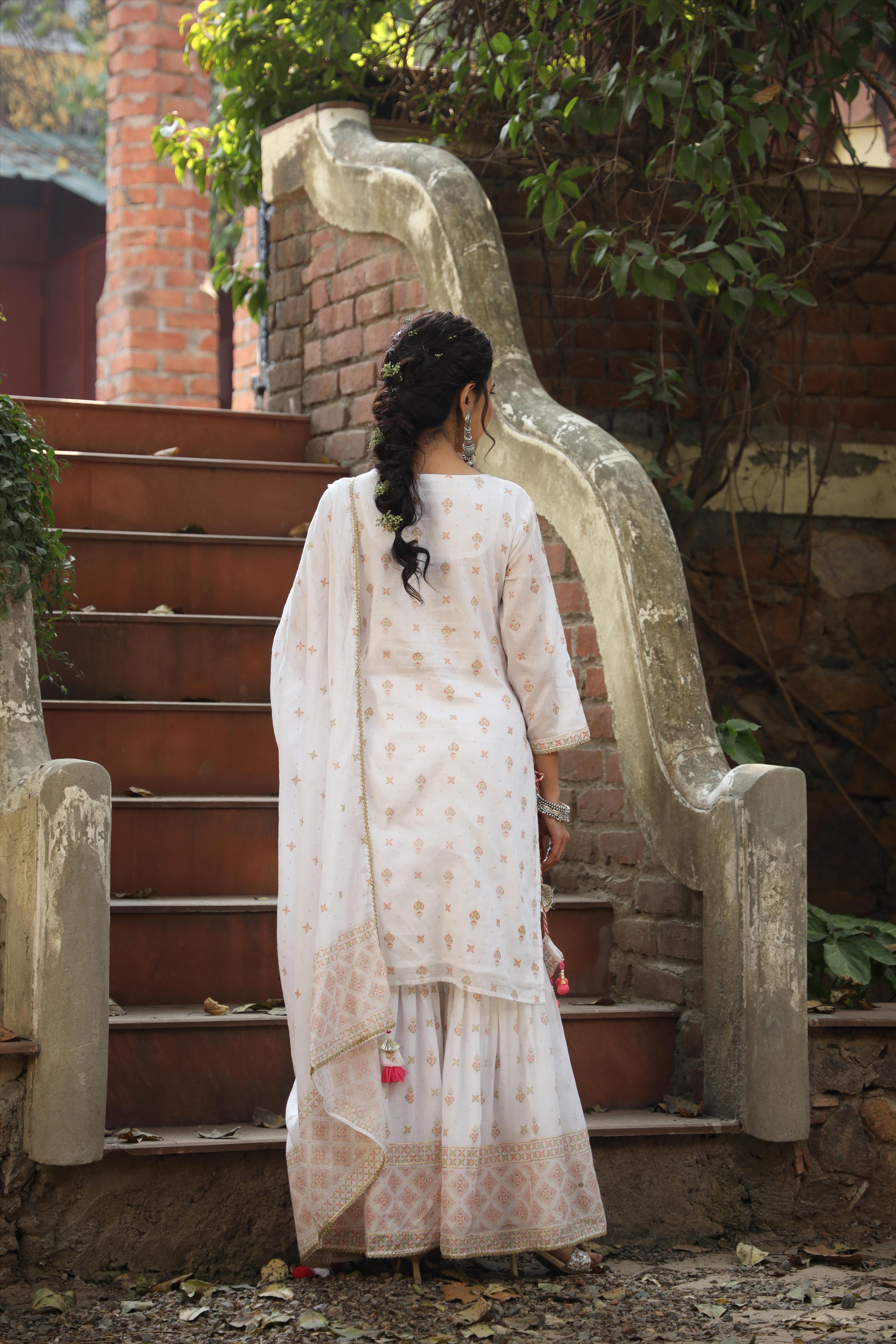 White Mul Cotton Foil Print & Handwork Yoke Design Kurti Sharara Dupatta Set