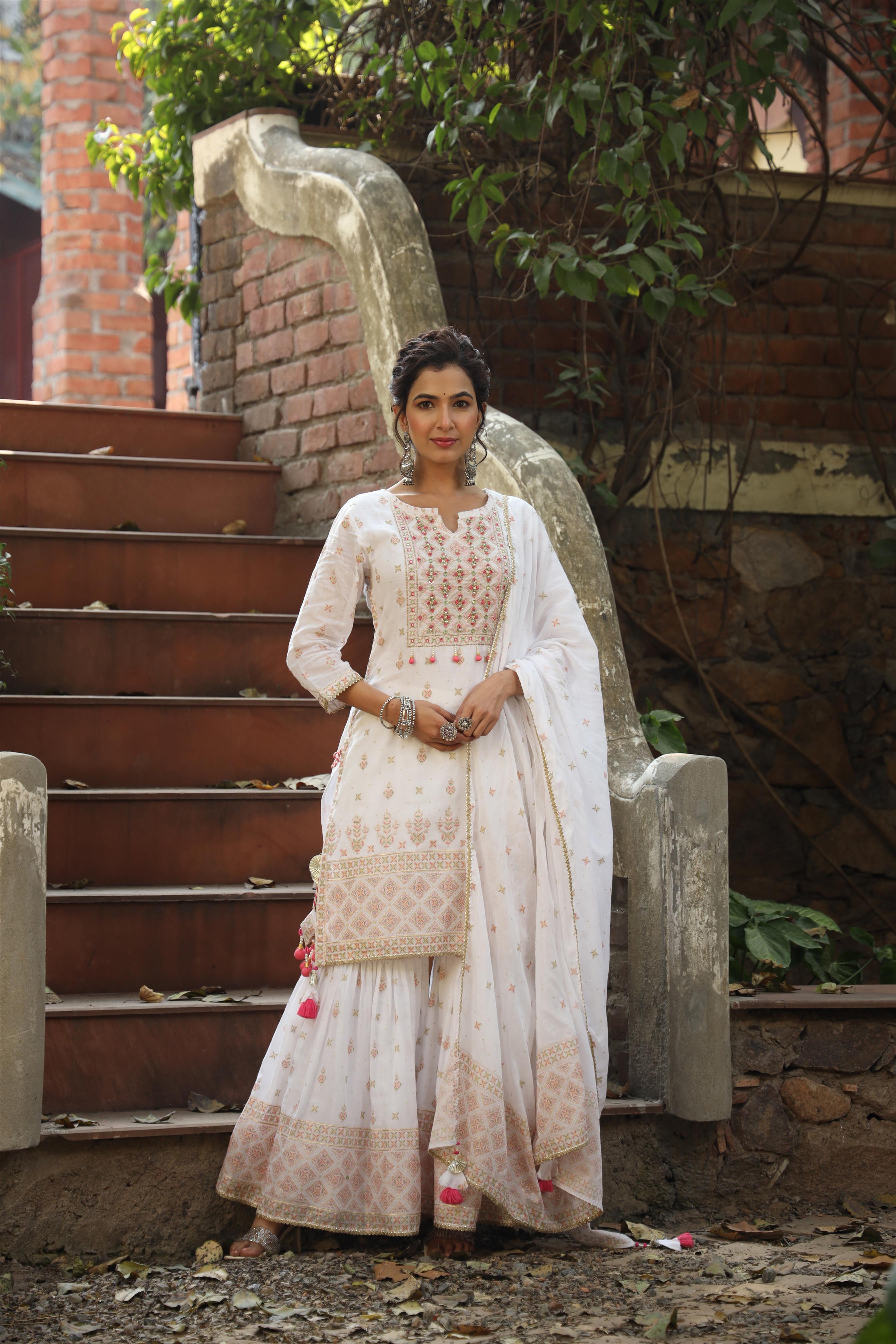 White Mul Cotton Foil Print & Handwork Yoke Design Kurti Sharara Dupatta Set
