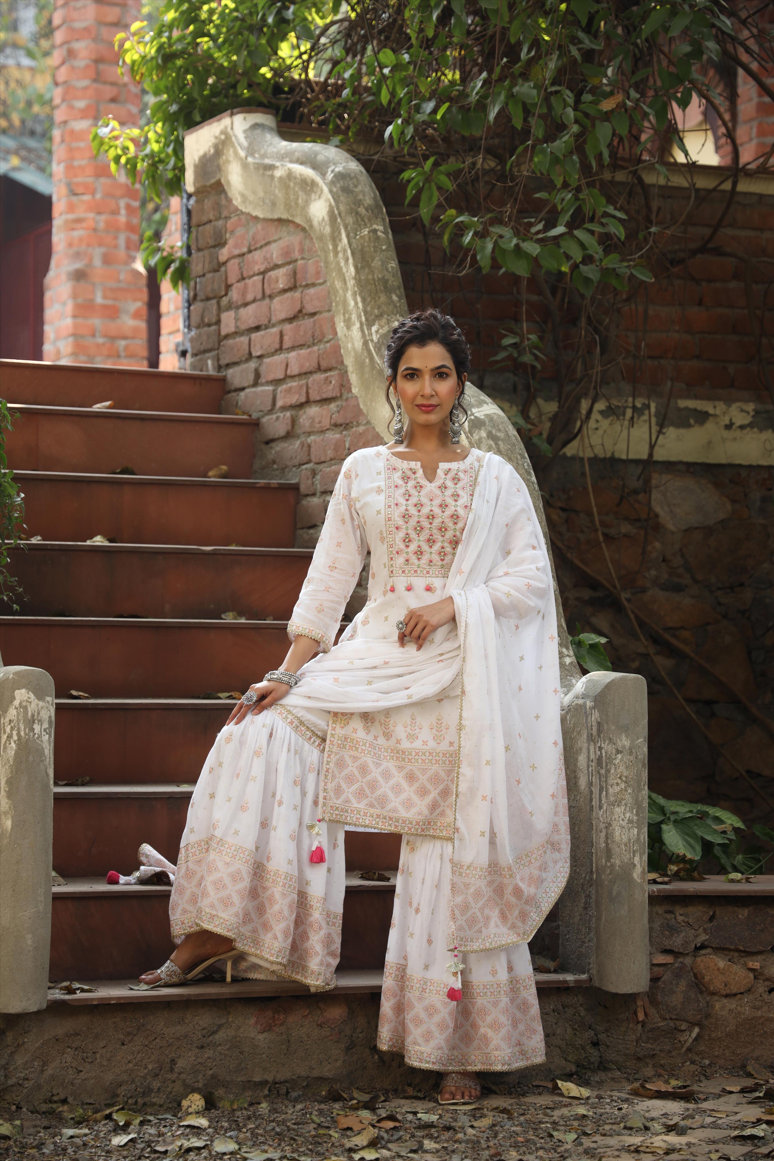 White Mul Cotton Foil Print & Handwork Yoke Design Kurti Sharara Dupatta Set