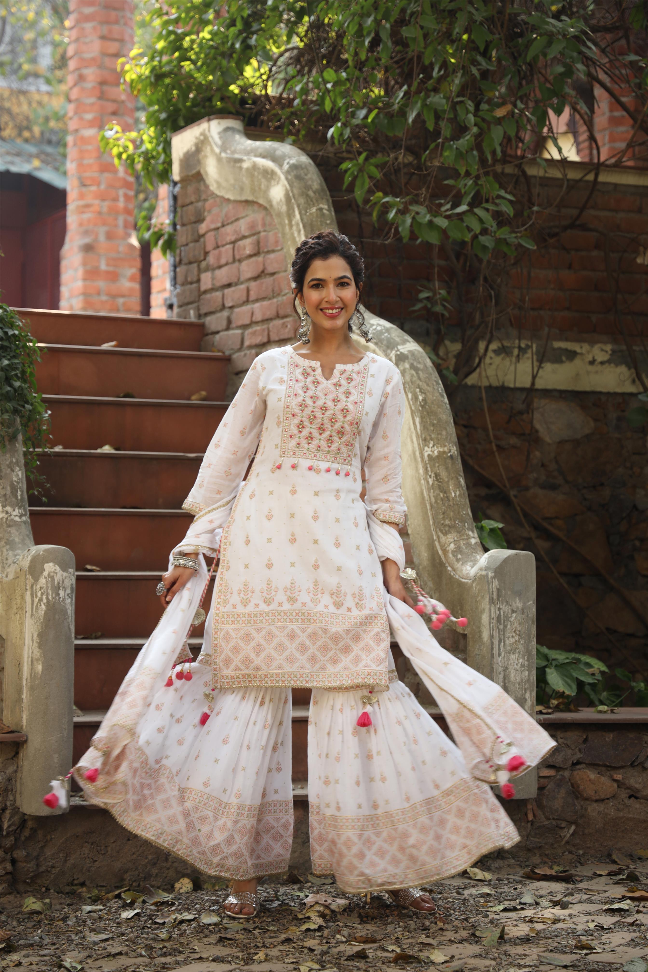 White Mul Cotton Foil Print & Handwork Yoke Design Kurti Sharara Dupatta Set