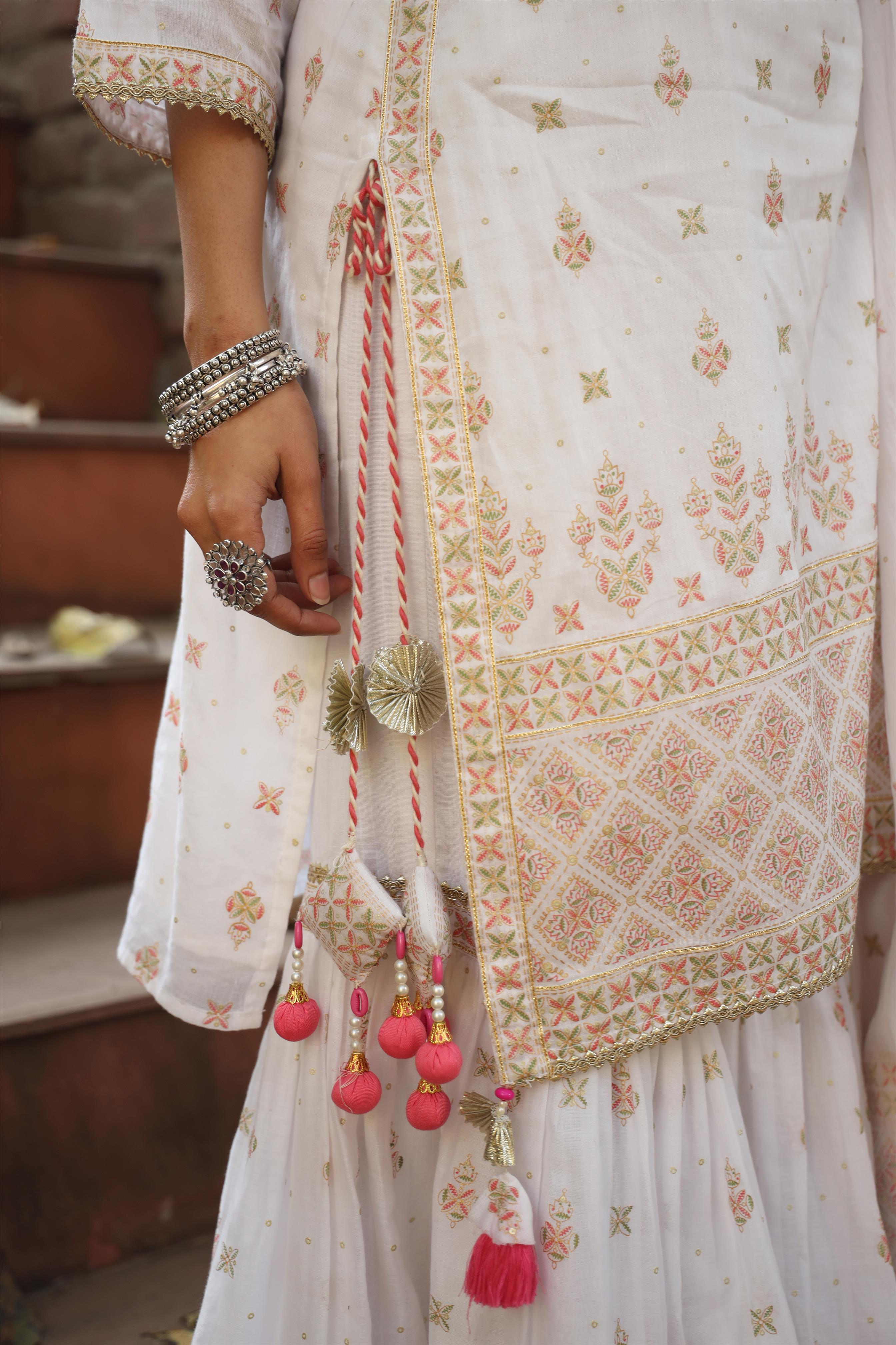White Mul Cotton Foil Print & Handwork Yoke Design Kurti Sharara Dupatta Set
