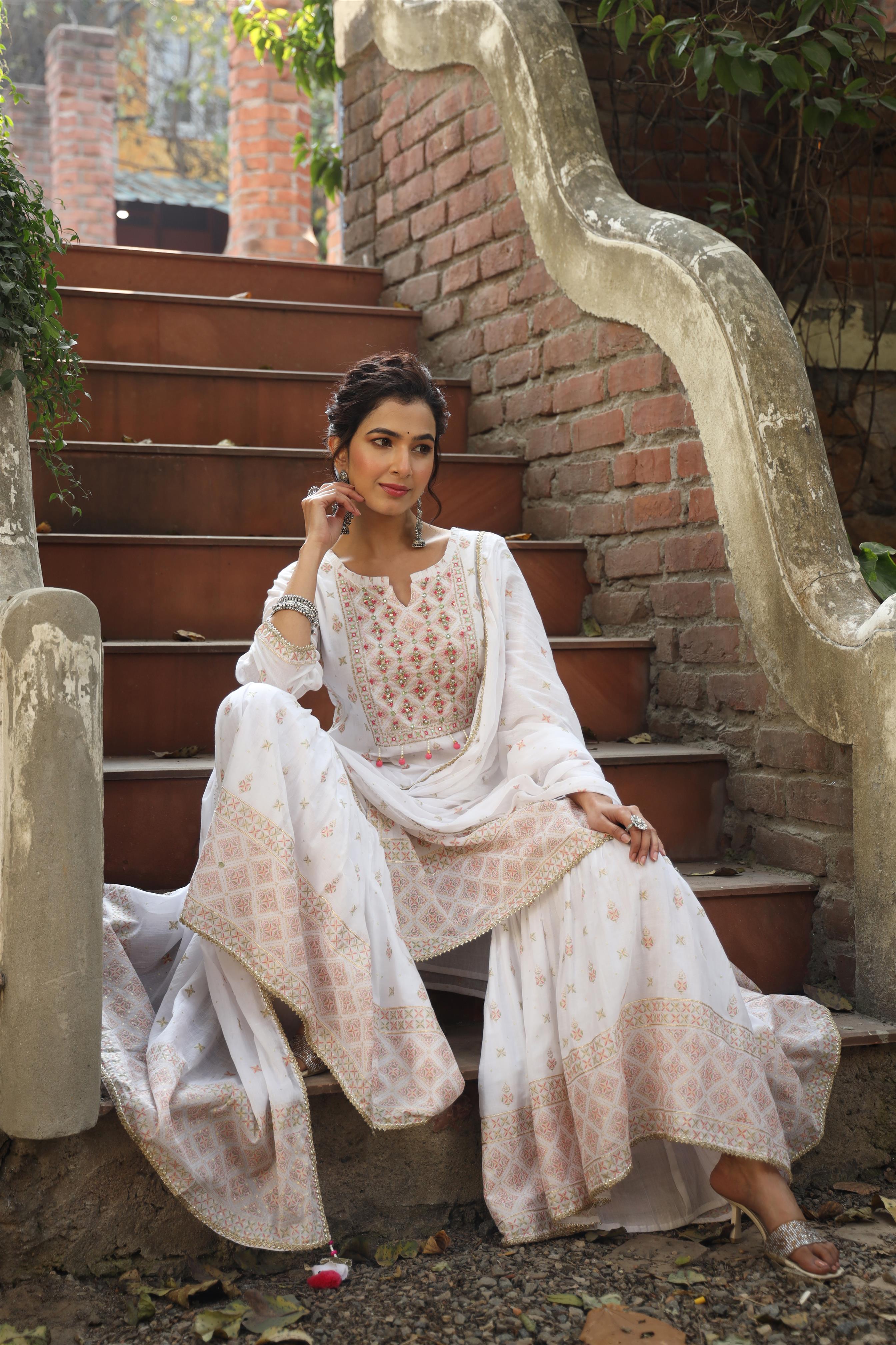 White Mul Cotton Foil Print & Handwork Yoke Design Kurti Sharara Dupatta Set